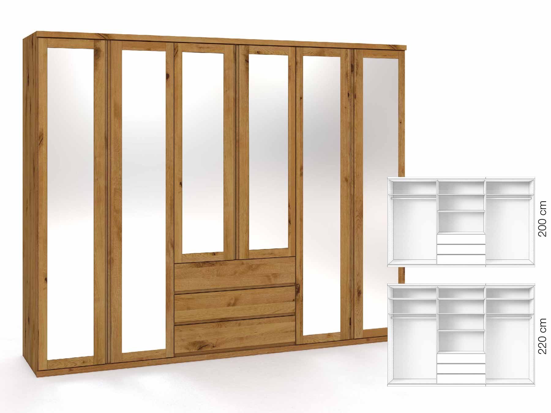 Wildeichenschrank „Sandra“, 6-türig, Höhe 220 cm, Griffausführung „Patrizia“, Inneneinrichtung: D