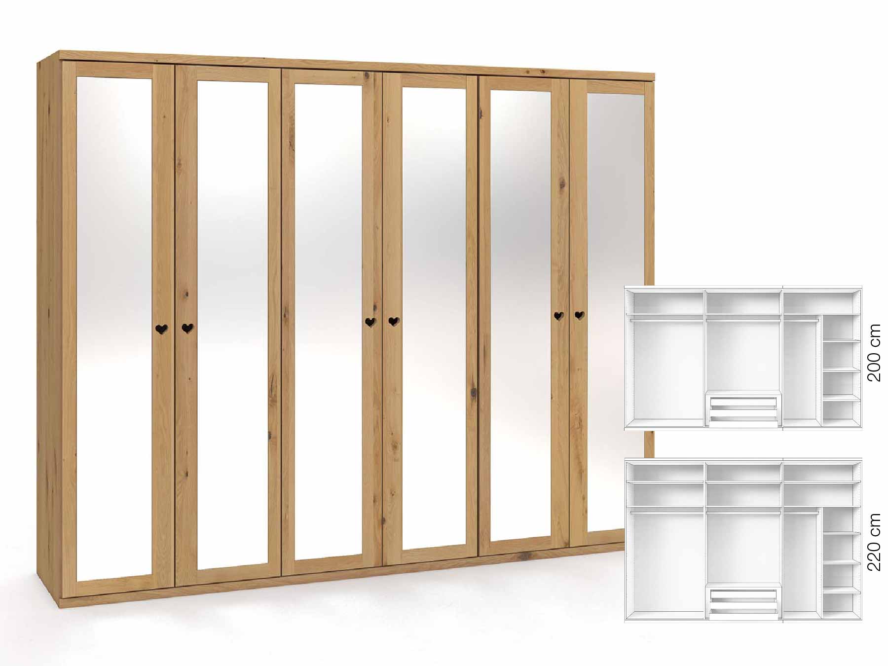 Wildeichenschrank Hell „Sandra“, 6-türig, Höhe 220 cm, Griffausführung „Heidi“, Inneneinrichtung: B