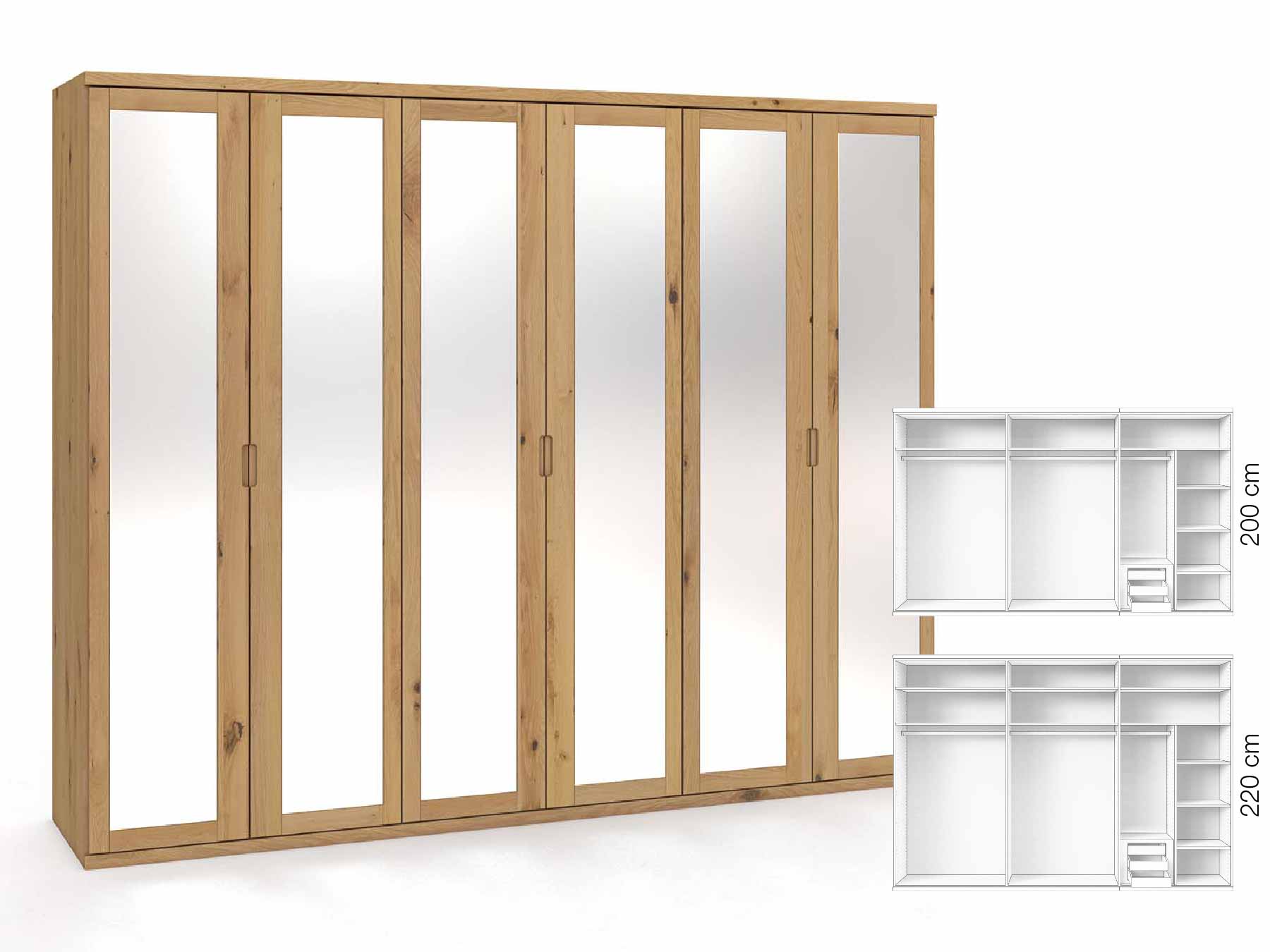 Wildeichenschrank Hell „Sandra“, 6-türig, Höhe 220 cm, Griffausführung „Lukas“, Inneneinrichtung: C