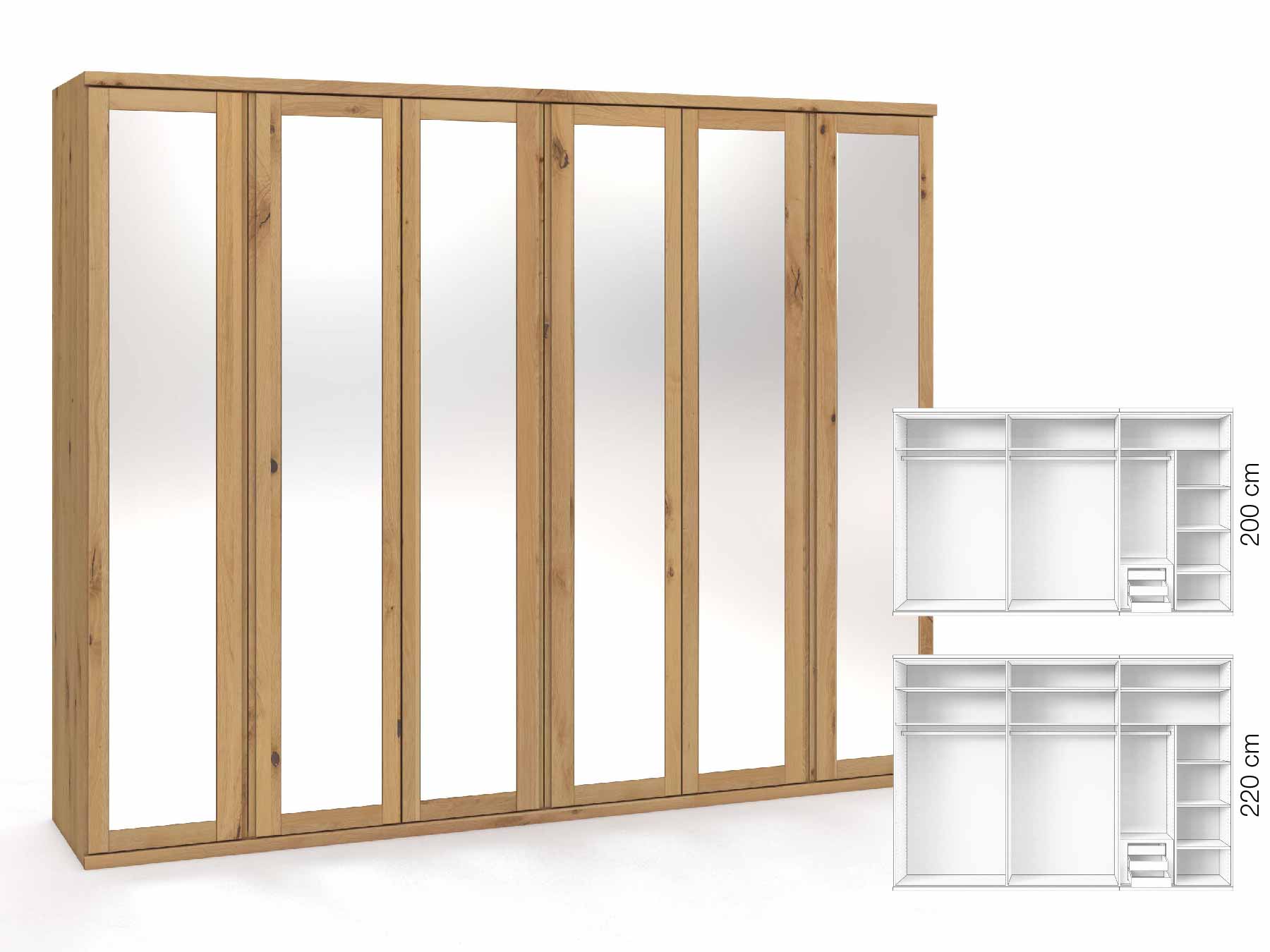 Wildeichenschrank Hell „Sandra“, 6-türig, Höhe 220 cm, Griffausführung „Patrizia“, Inneneinrichtung: C