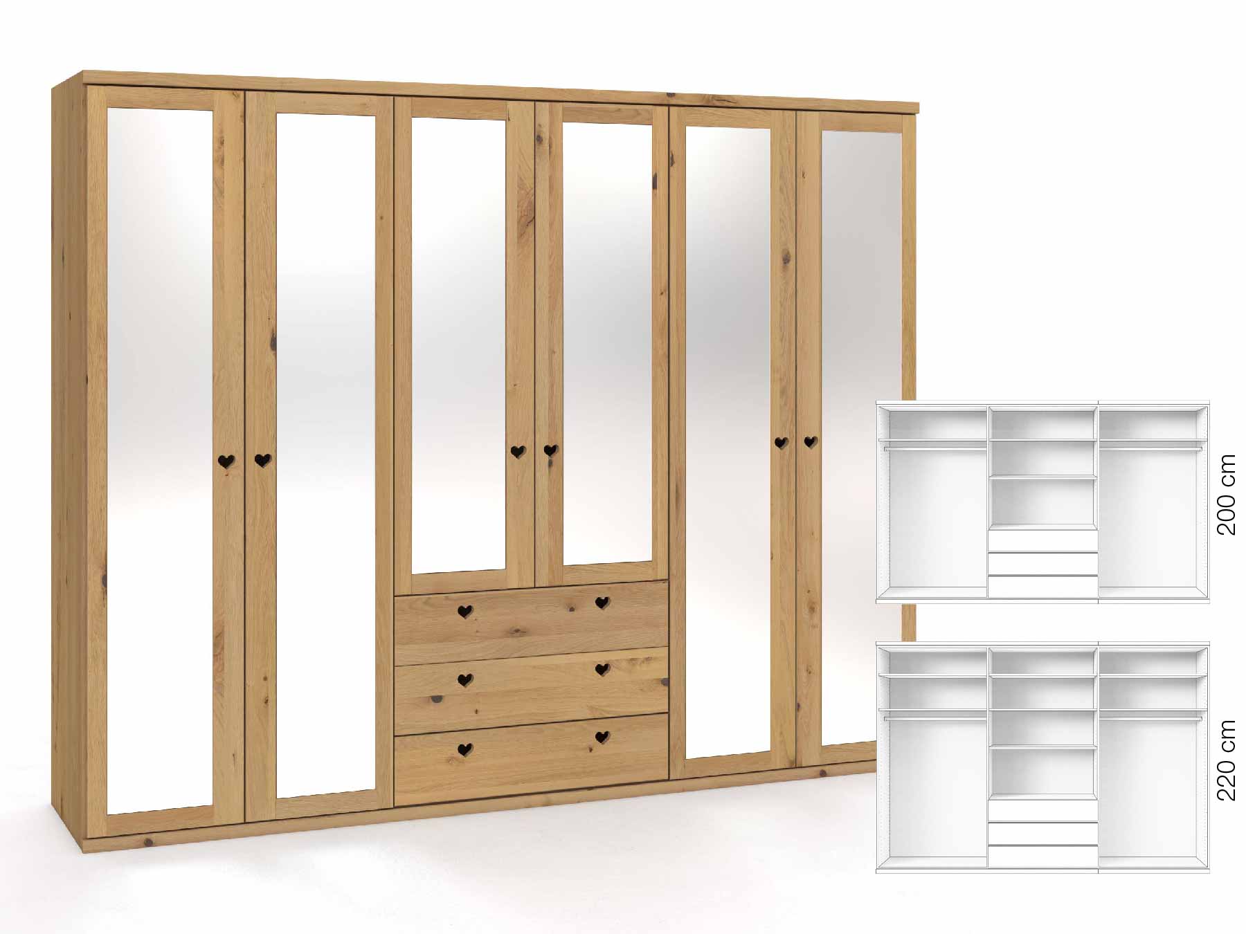 Wildeichenschrank Hell „Sandra“, 6-türig, Höhe 220 cm, Griffausführung „Heidi“, Inneneinrichtung: D