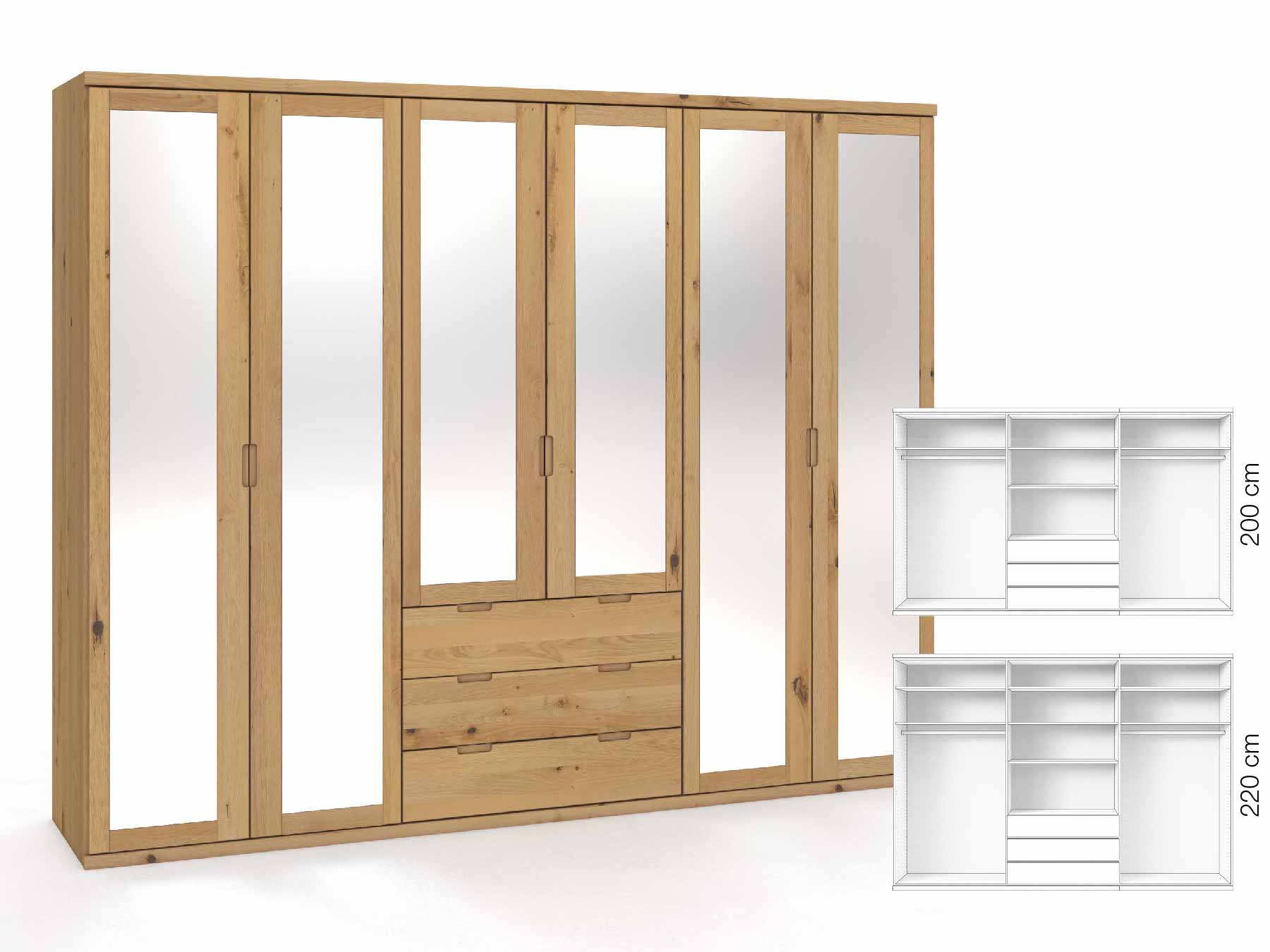 Wildeichenschrank Hell „Sandra“, 6-türig, Höhe 220 cm, Griffausführung „Lukas“, Inneneinrichtung: D