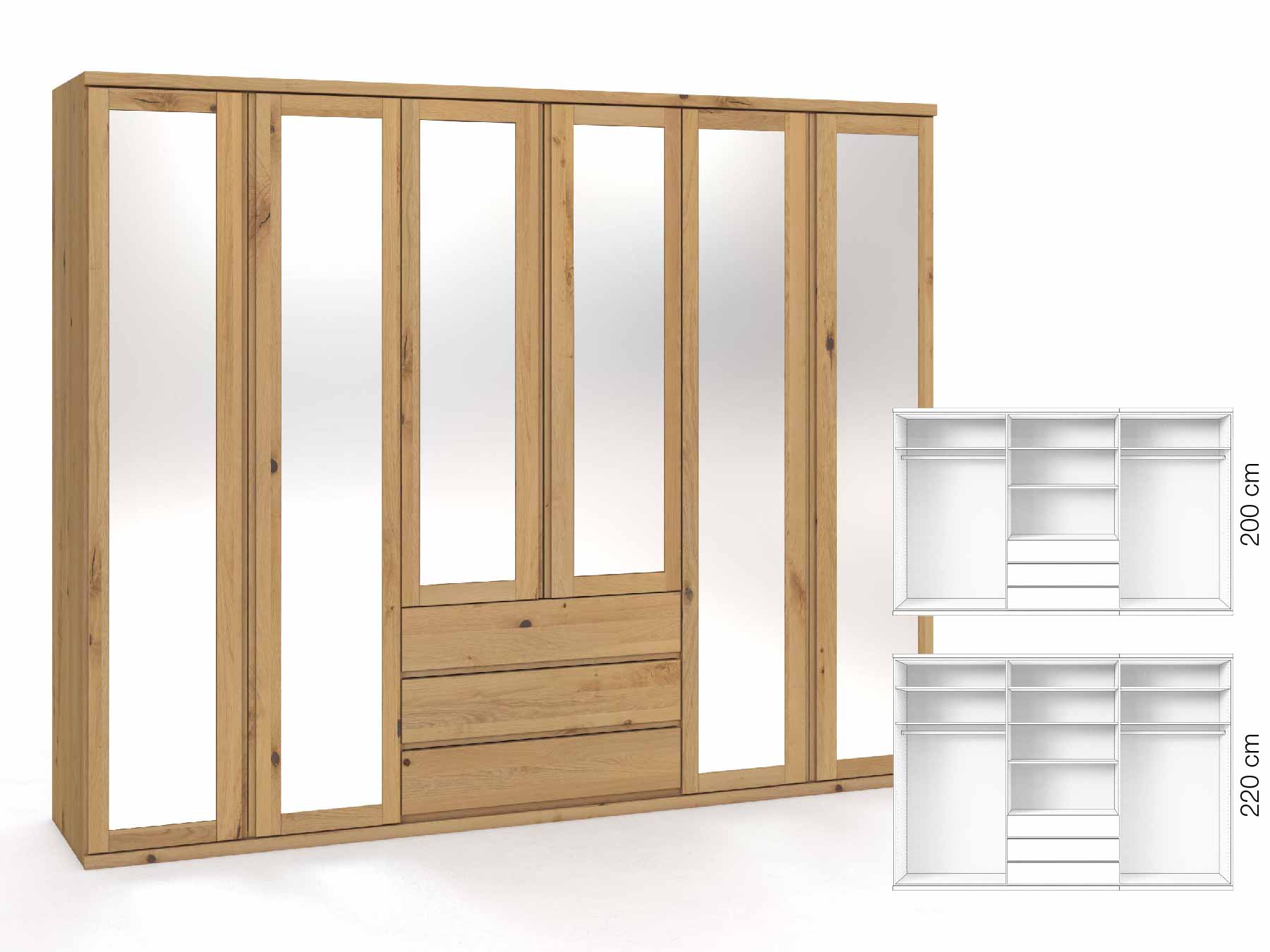 Wildeichenschrank Hell „Sandra“, 6-türig, Höhe 220 cm, Griffausführung „Patrizia“, Inneneinrichtung: D