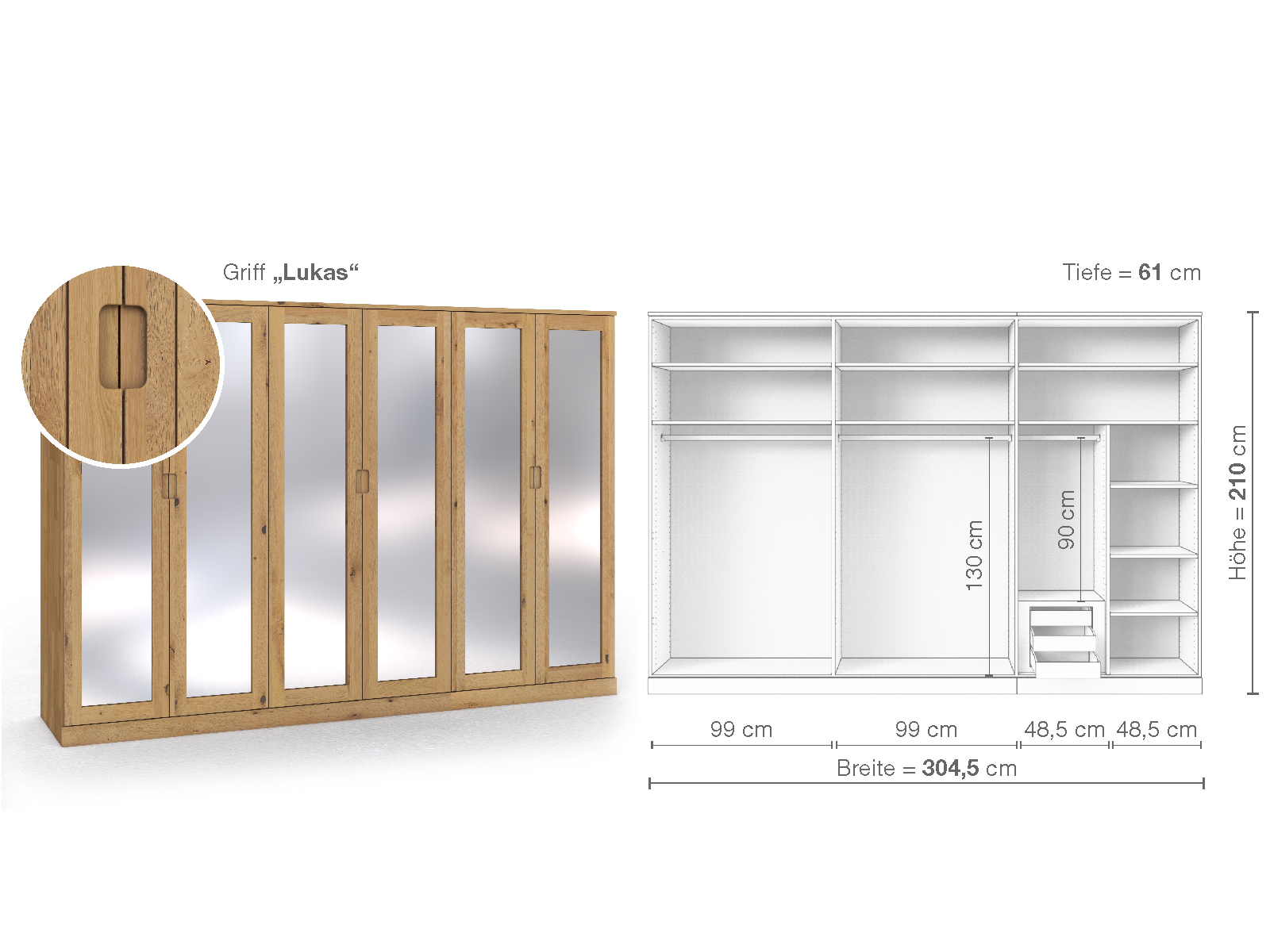 Schrank „Alpenrose“ aus Wildeiche Hell, 6-türig, Höhe 210 cm, Griffausführung „Lukas“, Inneneinrichtung C