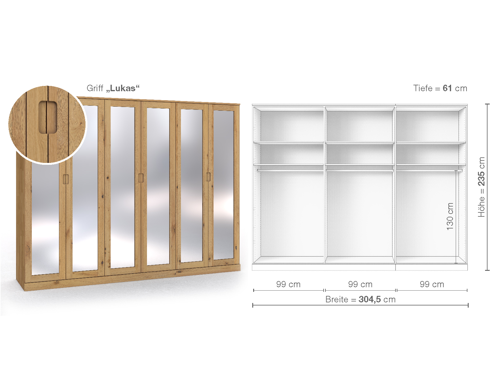 Schrank „Alpenrose“ aus Wildeiche Hell, 6-türig, Höhe 235 cm, Griffausführung „Lukas“, Inneneinrichtung A