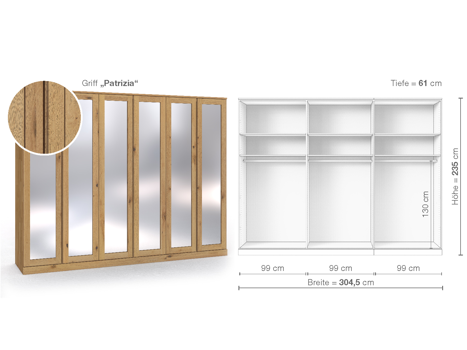 Schrank „Alpenrose“ aus Wildeiche Hell, 6-türig, Höhe 235 cm, Griffausführung „Patrizia“, Inneneinrichtung A