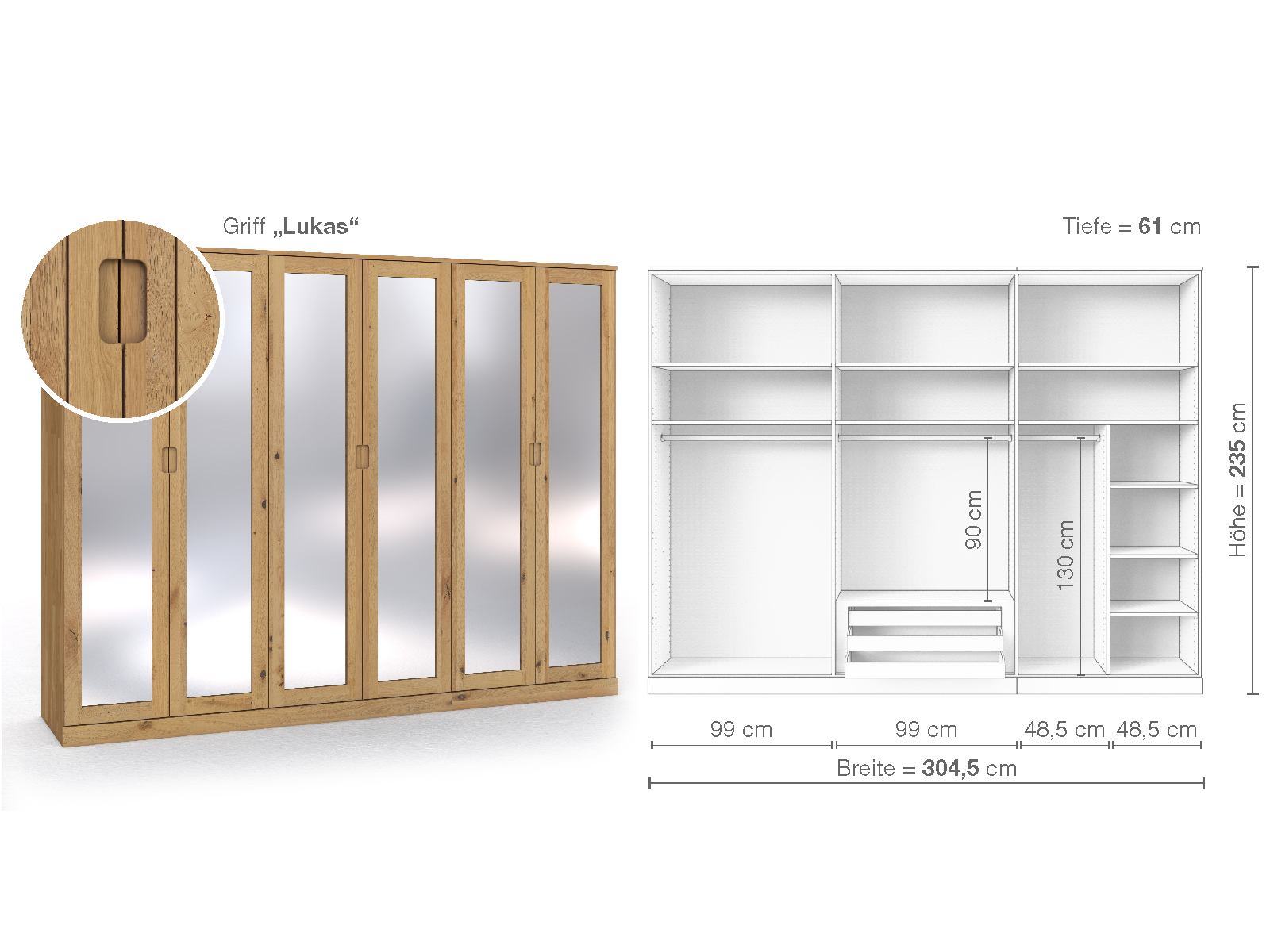 Schrank „Alpenrose“ aus Wildeiche Hell, 6-türig, Höhe 235 cm, Griffausführung „Lukas“, Inneneinrichtung B