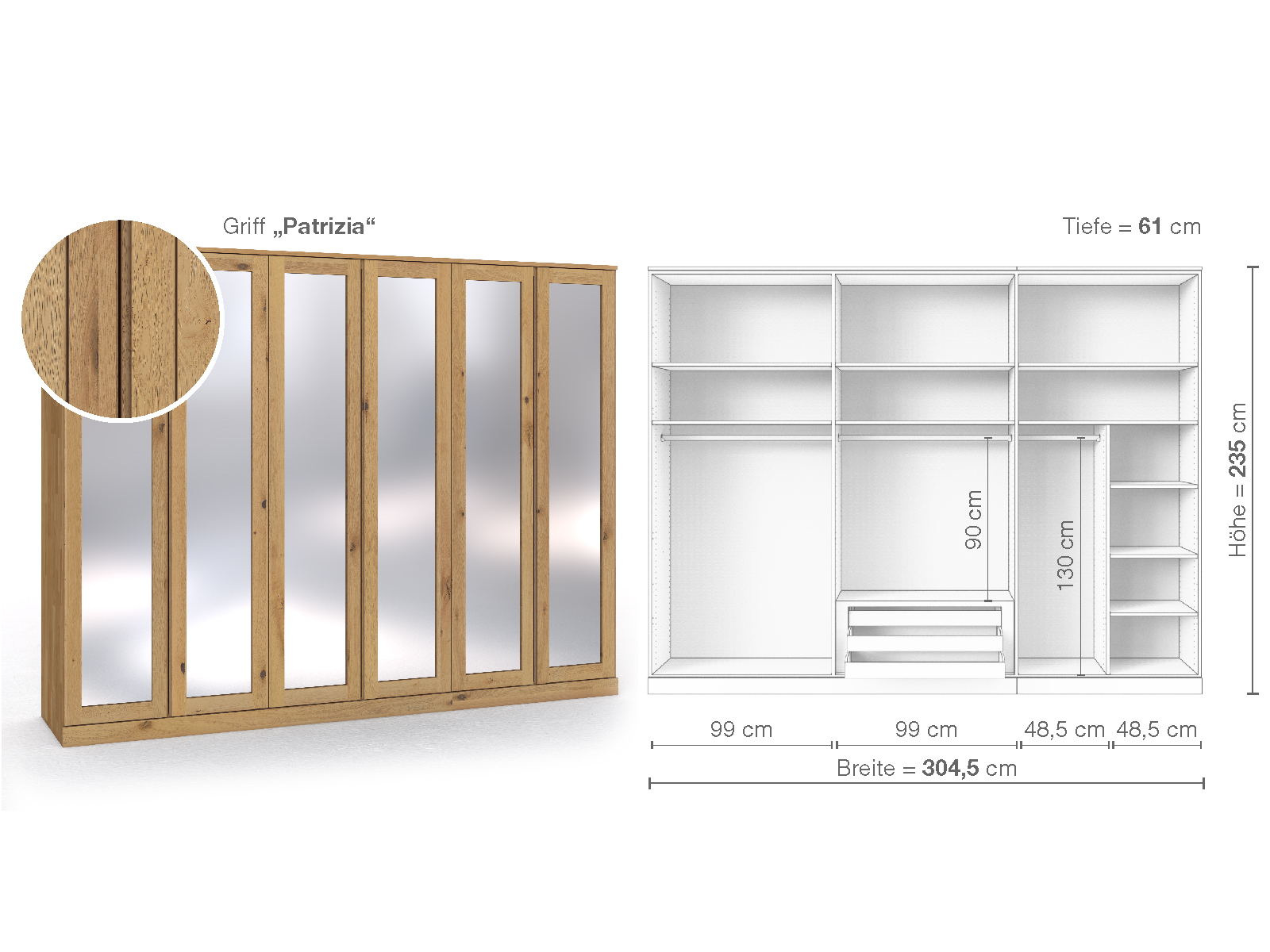 Schrank „Alpenrose“ aus Wildeiche Hell, 6-türig, Höhe 235 cm, Griffausführung „Patrizia“, Inneneinrichtung B