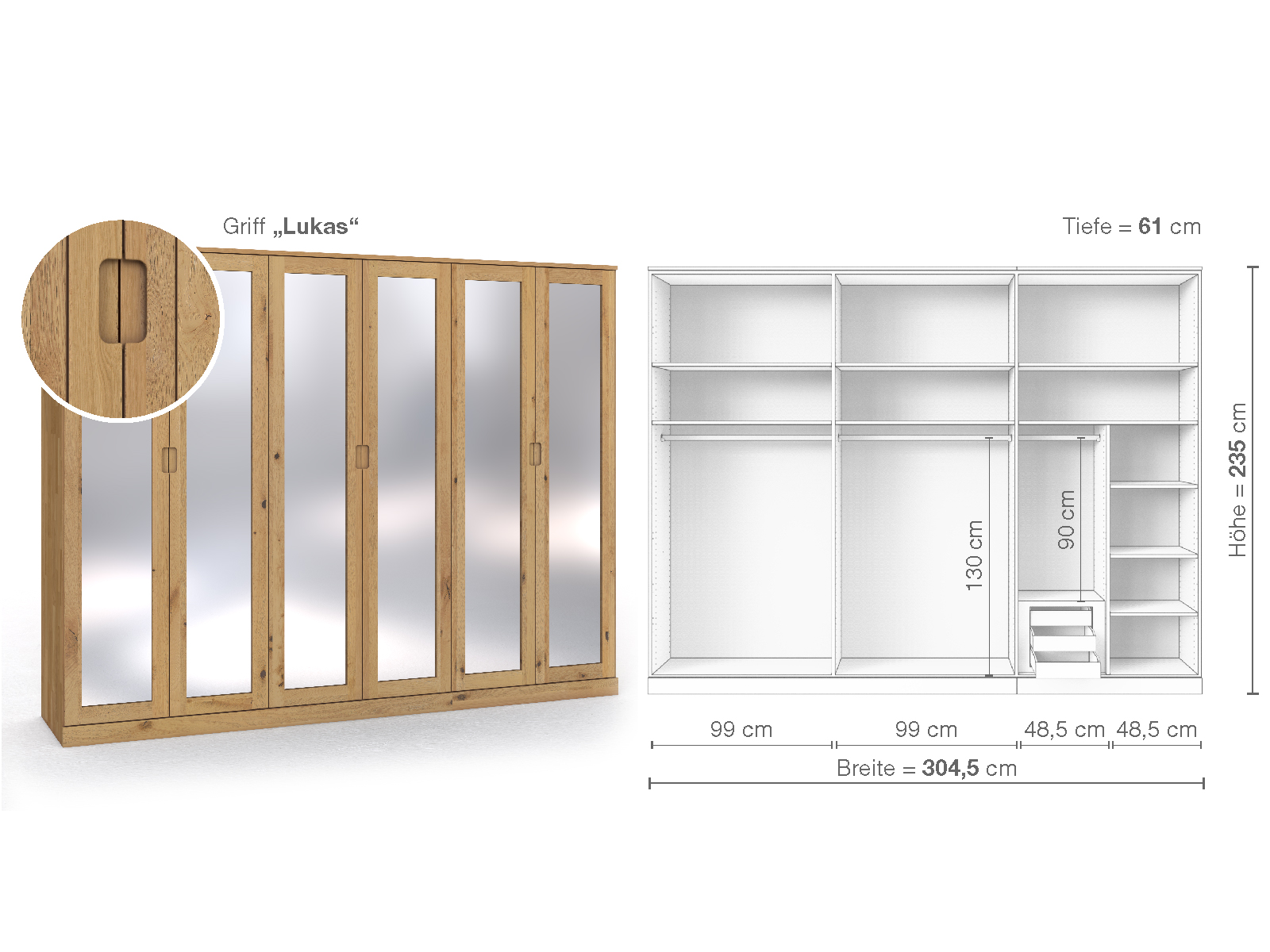 Schrank „Alpenrose“ aus Wildeiche Hell, 6-türig, Höhe 235 cm, Griffausführung „Lukas“, Inneneinrichtung C