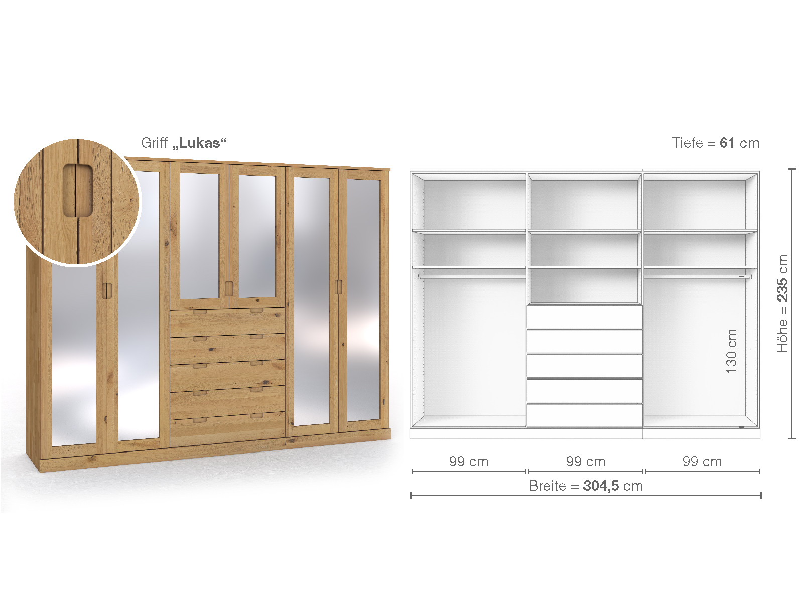 Schrank „Alpenrose“ aus Wildeiche Hell, 6-türig, Höhe 235 cm, Griffausführung „Lukas“, Inneneinrichtung D