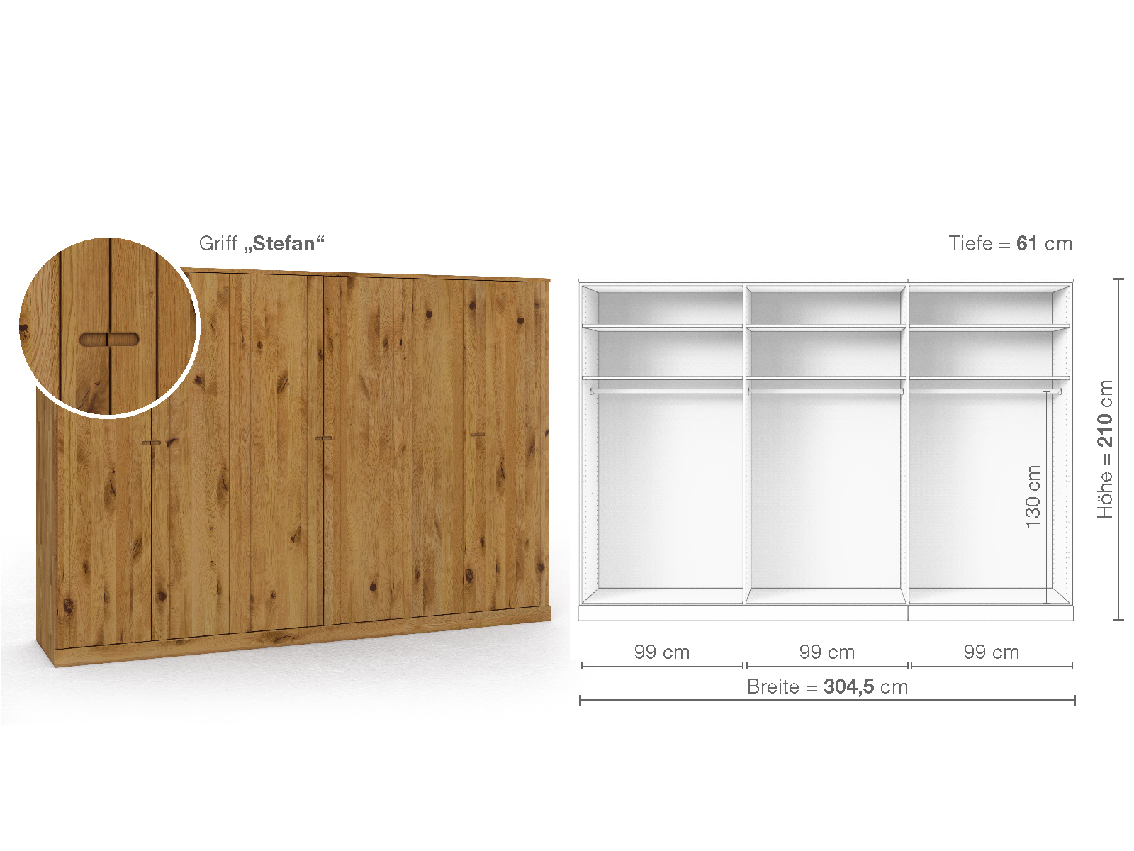 Wildeichenschrank „Arnika“, 6-türig, Höhe 210 cm, Griffausführung „Stefan“, Inneneinrichtung A