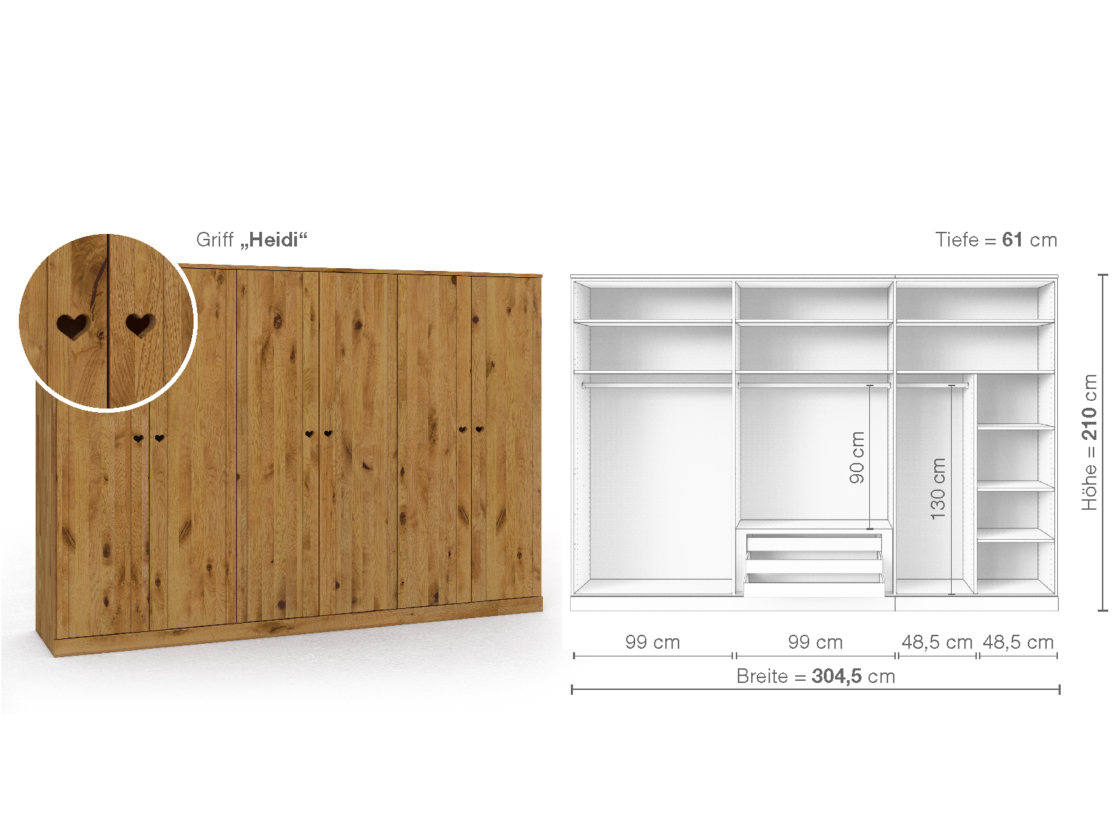 Wildeichenschrank „Arnika“, 6-türig, Höhe 210 cm, Griffausführung „Heidi“, Inneneinrichtung B