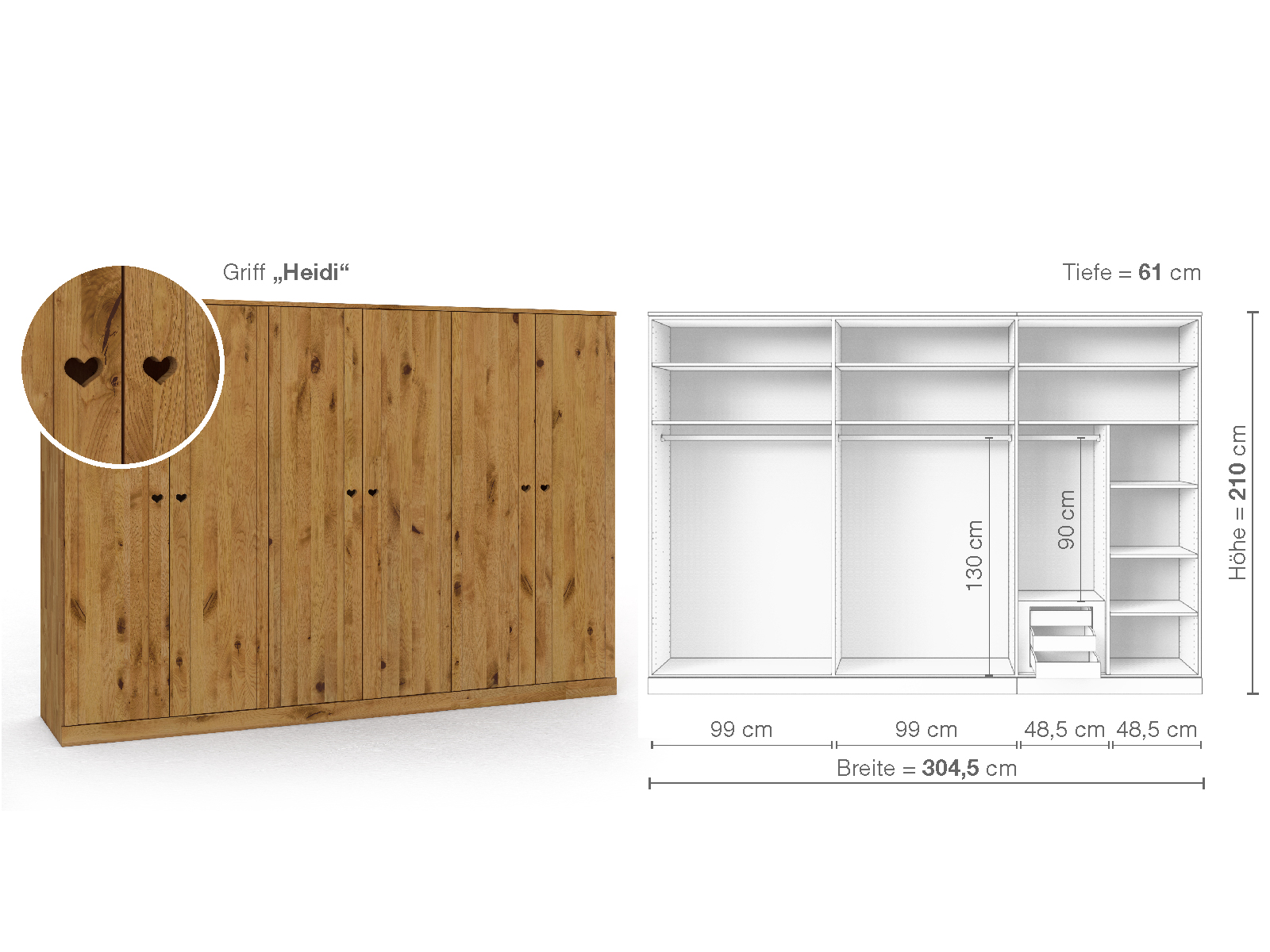 Wildeichenschrank „Arnika“, 6-türig, Höhe 210 cm, Griffausführung „Heidi“, Inneneinrichtung C