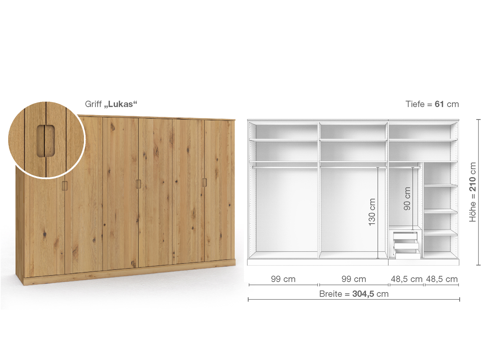 Wildeichenschrank Hell „Arnika“, 6-türig, Höhe 210 cm, Griffausführung „Lukas“, Inneneinrichtung C