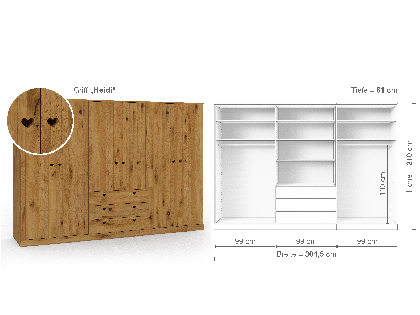 Wildeichenschrank „Arnika“, 6-türig, Höhe 210 cm, Griffausführung „Heidi“, Inneneinrichtung D