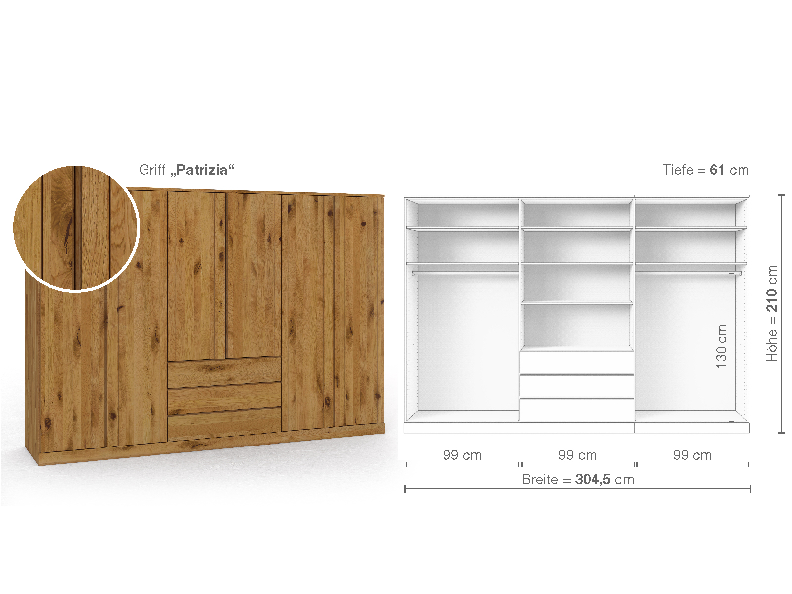 Wildeichenschrank „Arnika“, 6-türig, Höhe 210 cm, Griffausführung „Patrizia“, Inneneinrichtung D