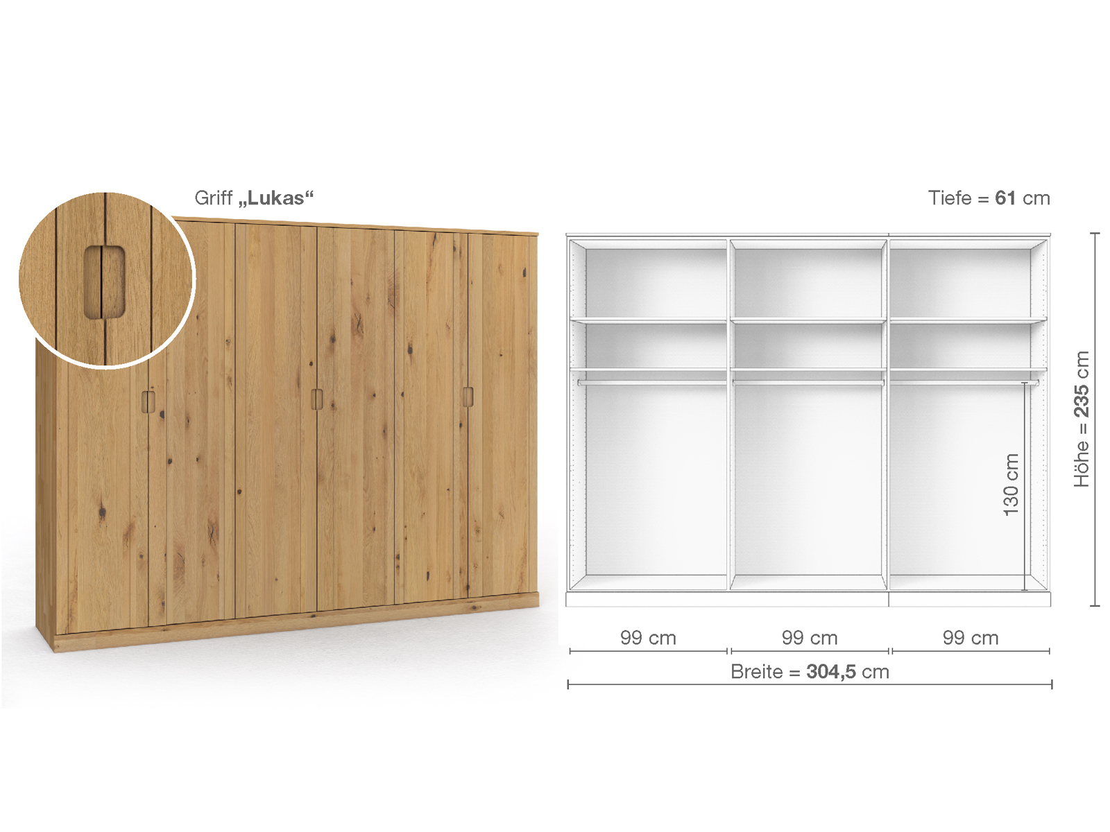 Wildeichenschrank Hell „Arnika“, 6-türig, Höhe 235 cm, Griffausführung „Lukas“, Inneneinrichtung A