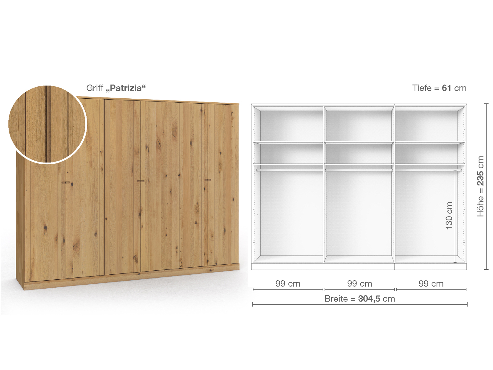 Wildeichenschrank Hell „Arnika“, 6-türig, Höhe 235 cm, Griffausführung „Patrizia“, Inneneinrichtung A