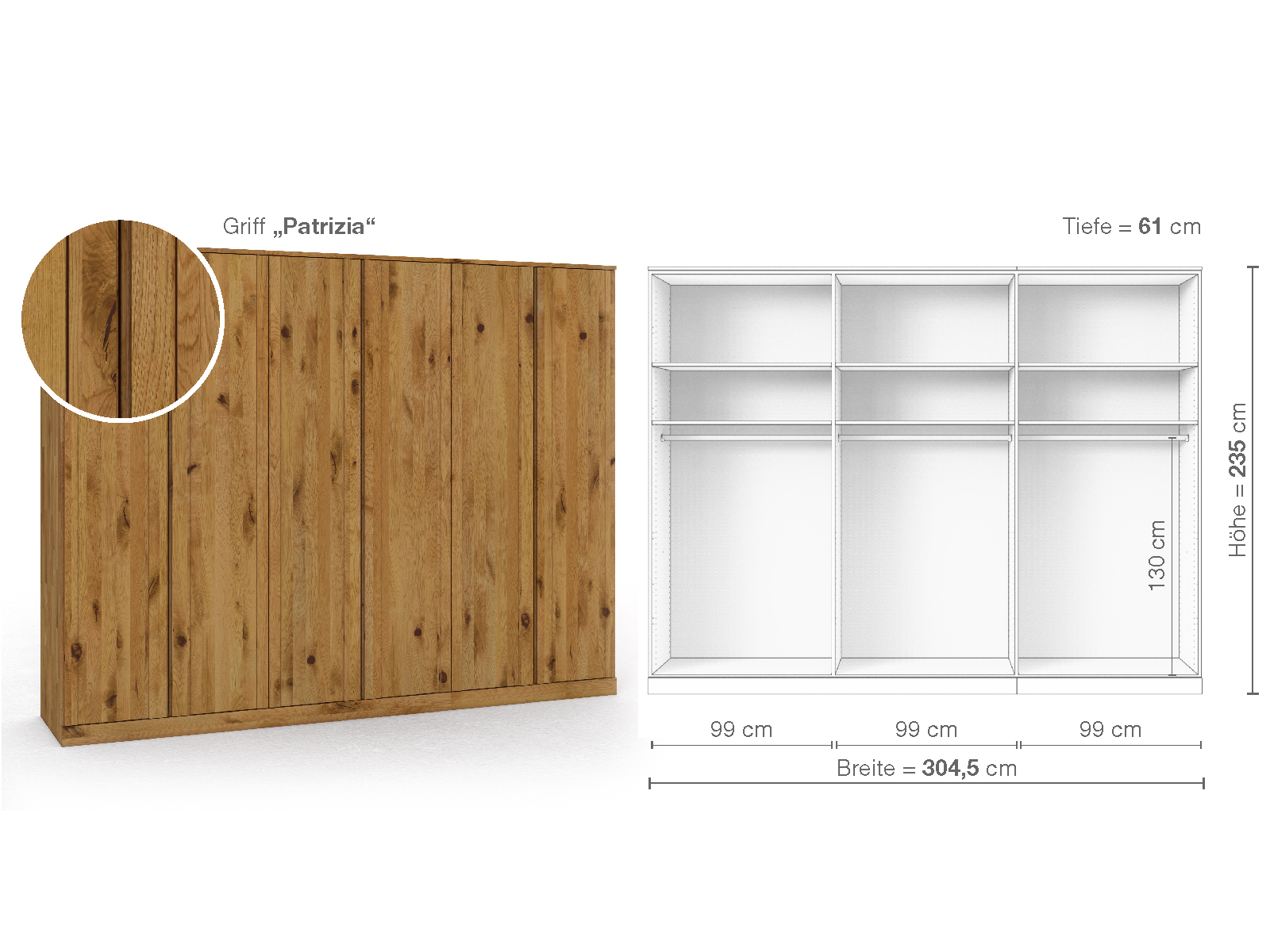 Wildeichenschrank „Arnika“, 6-türig, Höhe 235 cm, Griffausführung „Patrizia“, Inneneinrichtung A