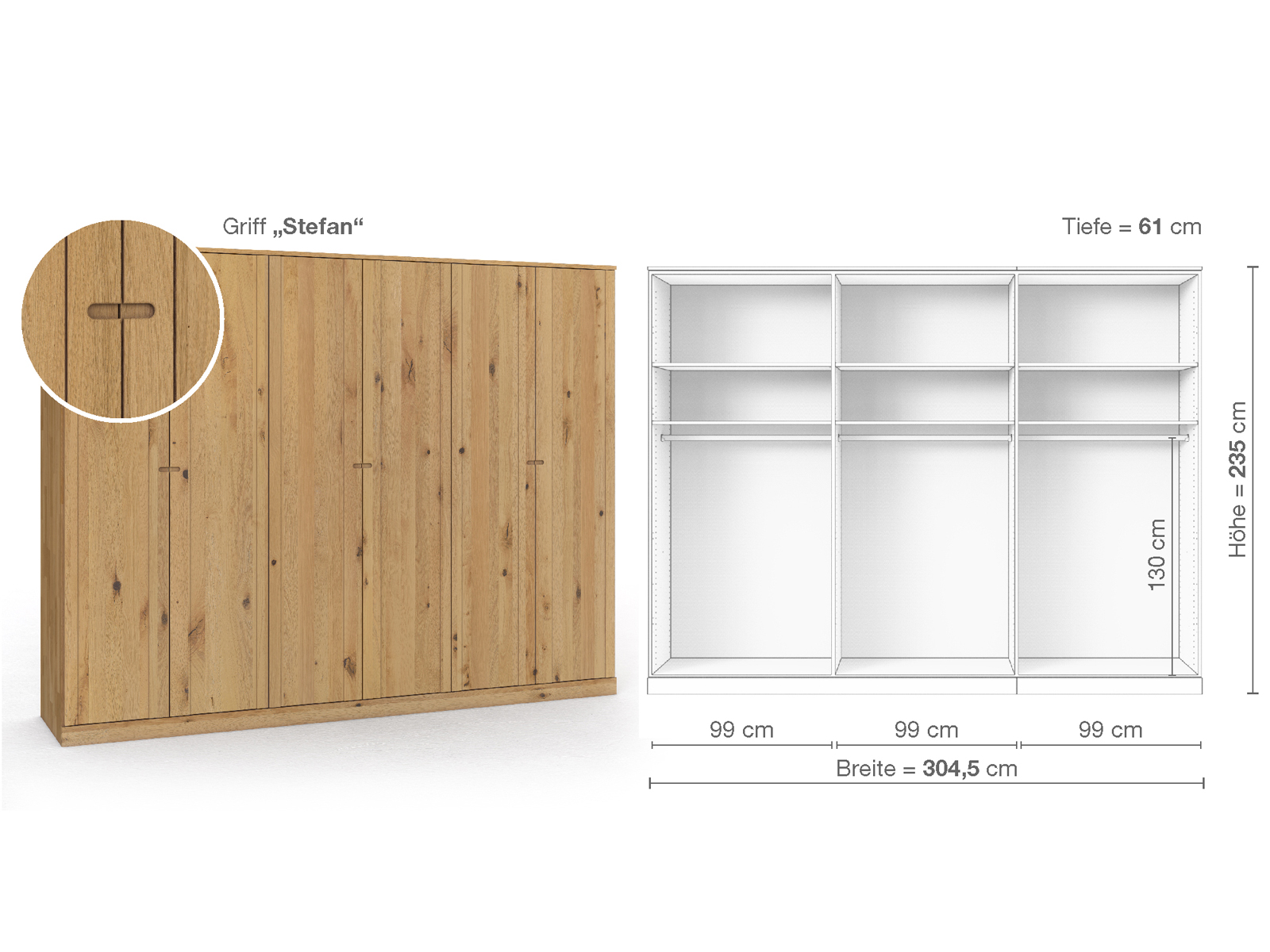 Wildeichenschrank Hell „Arnika“, 6-türig, Höhe 235 cm, Griffausführung „Stefan“, Inneneinrichtung A