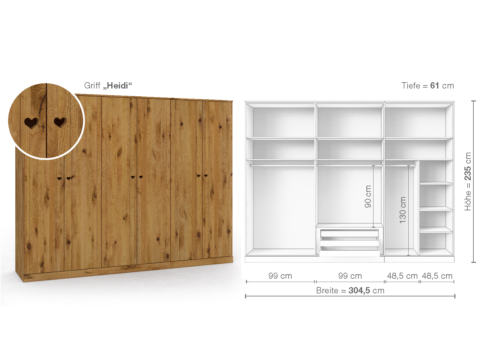 Wildeichenschrank „Arnika“, 6-türig, Höhe 235 cm, Griffausführung „Heidi“, Inneneinrichtung B