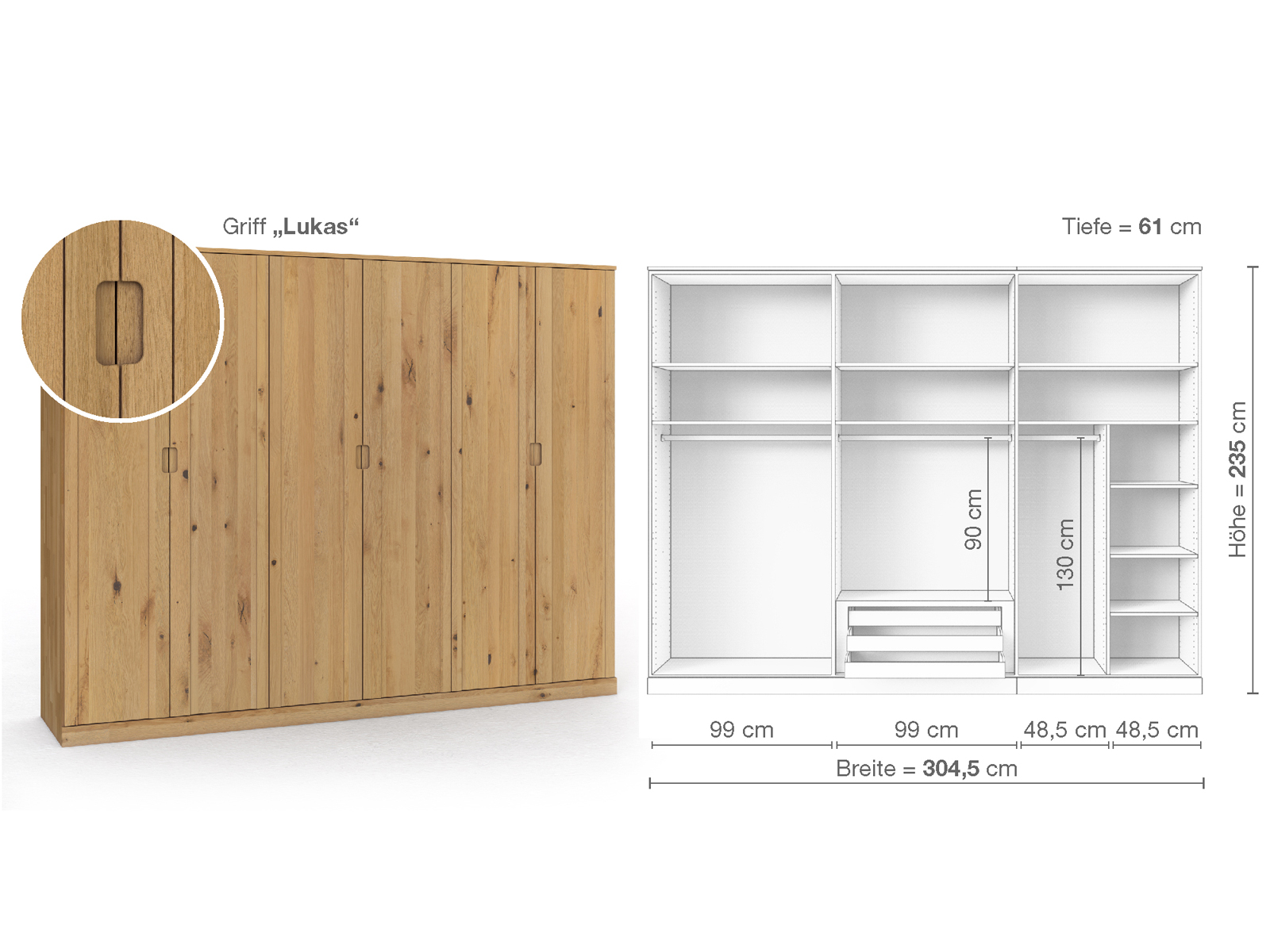 Wildeichenschrank Hell „Arnika“, 6-türig, Höhe 235 cm, Griffausführung „Lukas“, Inneneinrichtung B