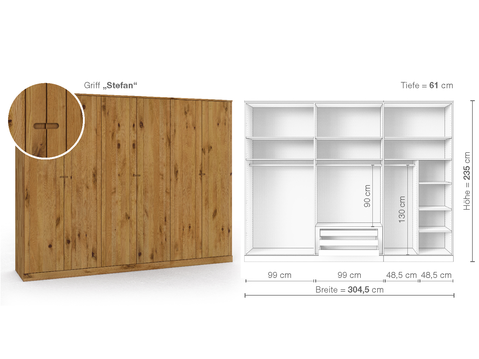 Wildeichenschrank „Arnika“, 6-türig, Höhe 235 cm, Griffausführung „Stefan“, Inneneinrichtung B