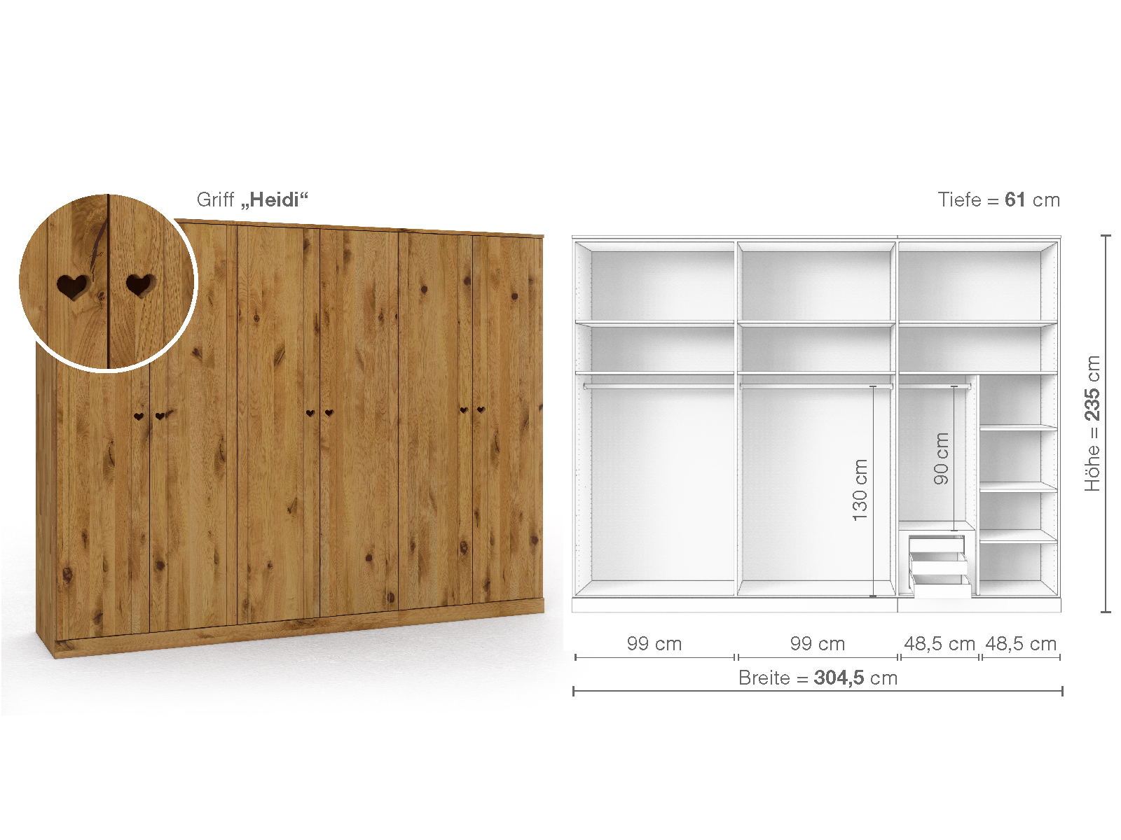 Wildeichenschrank „Arnika“, 6-türig, Höhe 235 cm, Griffausführung „Heidi“, Inneneinrichtung C