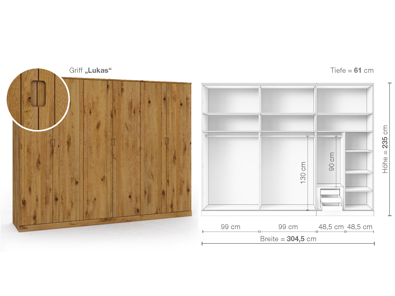 Wildeichenschrank „Arnika“, 6-türig, Höhe 235 cm, Griffausführung „Lukas“, Inneneinrichtung C