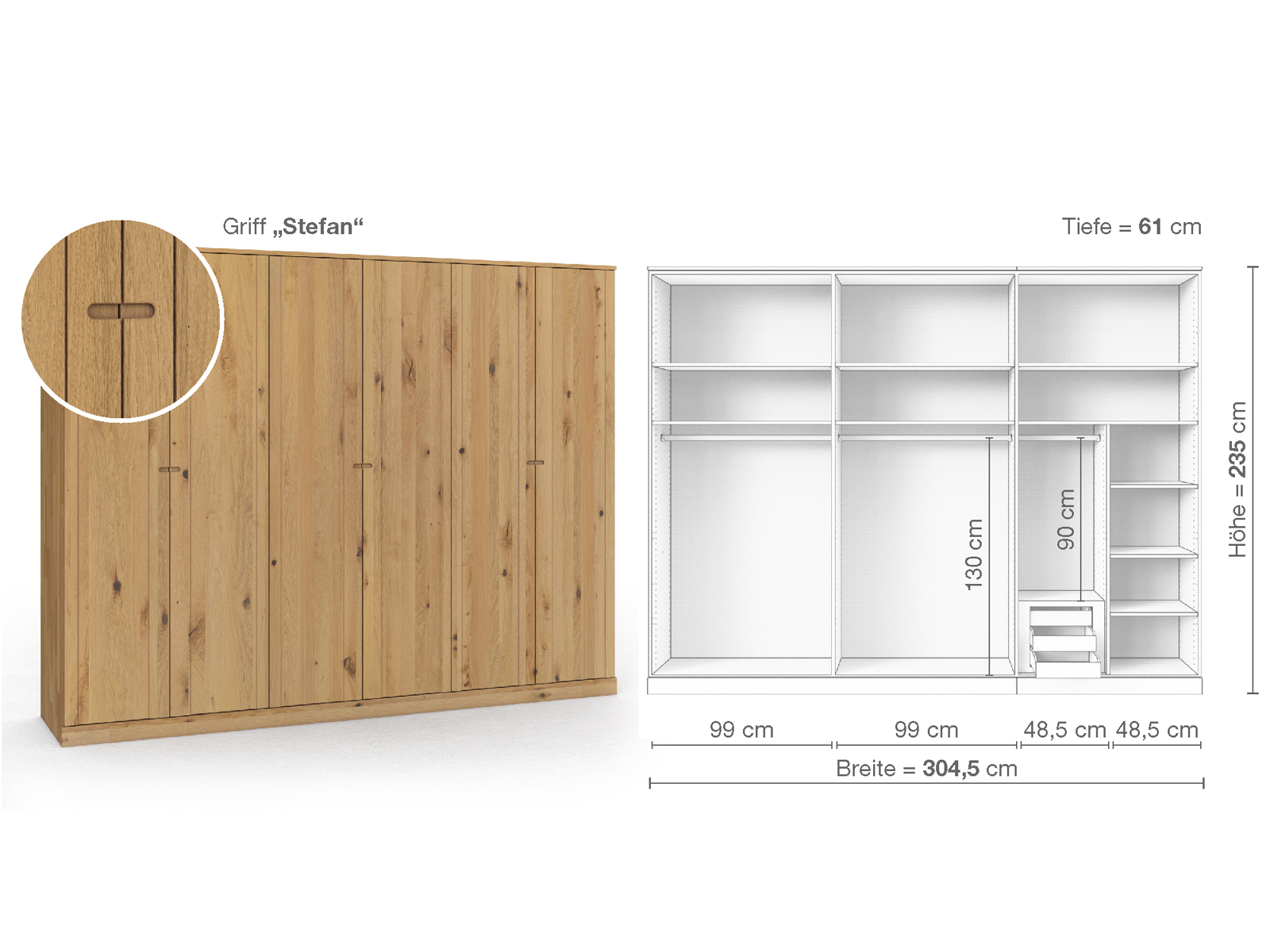 Wildeichenschrank Hell „Arnika“, 6-türig, Höhe 235 cm, Griffausführung „Stefan“, Inneneinrichtung C