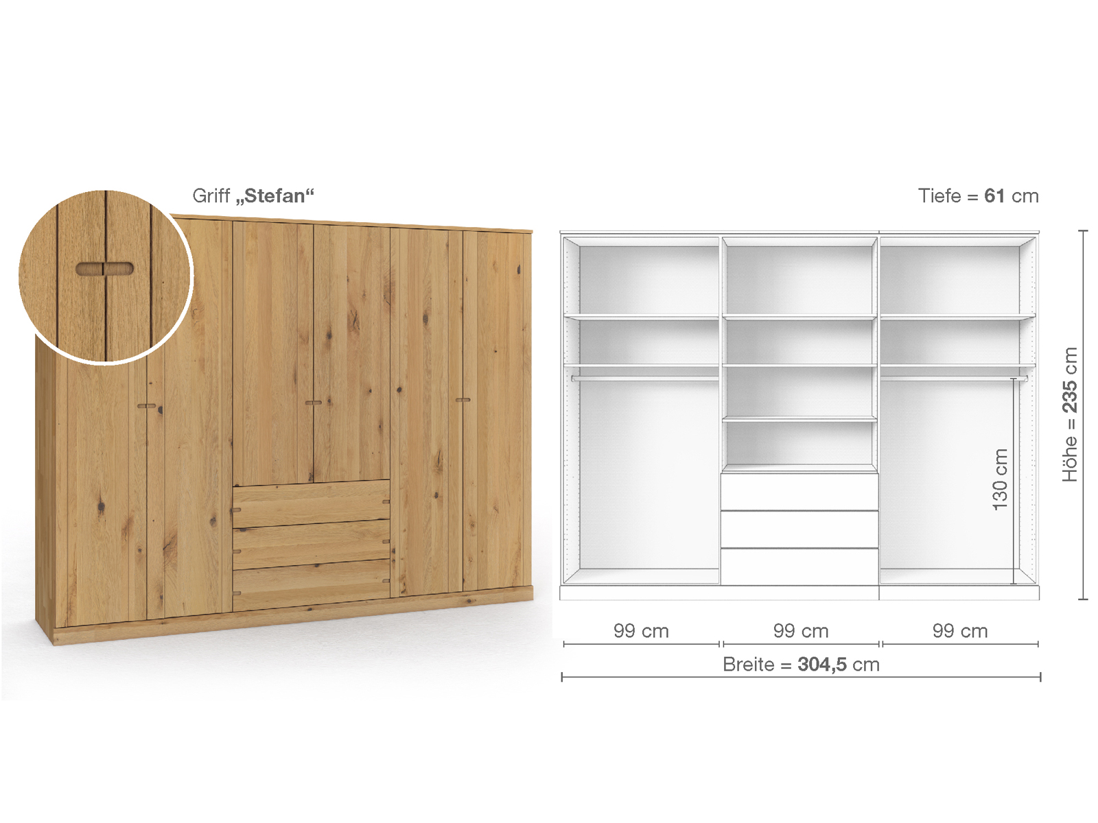 Wildeichenschrank Hell „Arnika“, 6-türig, Höhe 235 cm, Griffausführung „Stefan“, Inneneinrichtung D