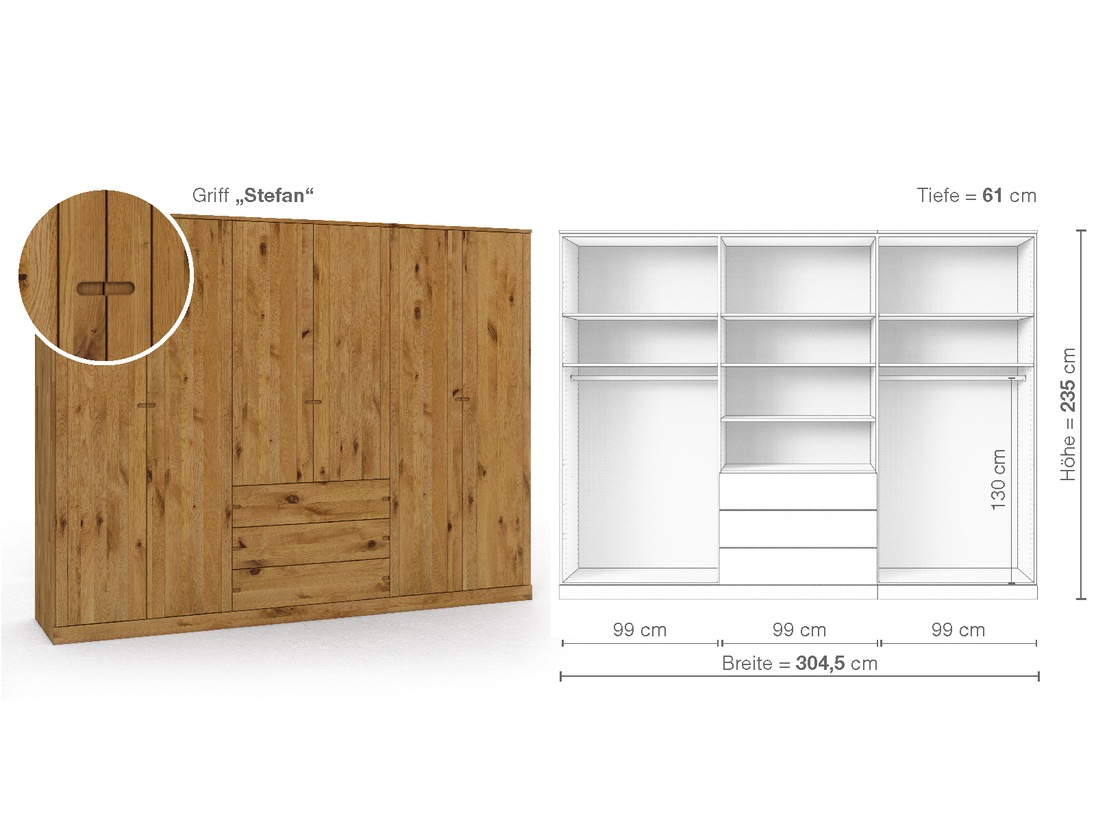 Wildeichenschrank „Arnika“, 6-türig, Höhe 235 cm, Griffausführung „Stefan“, Inneneinrichtung D