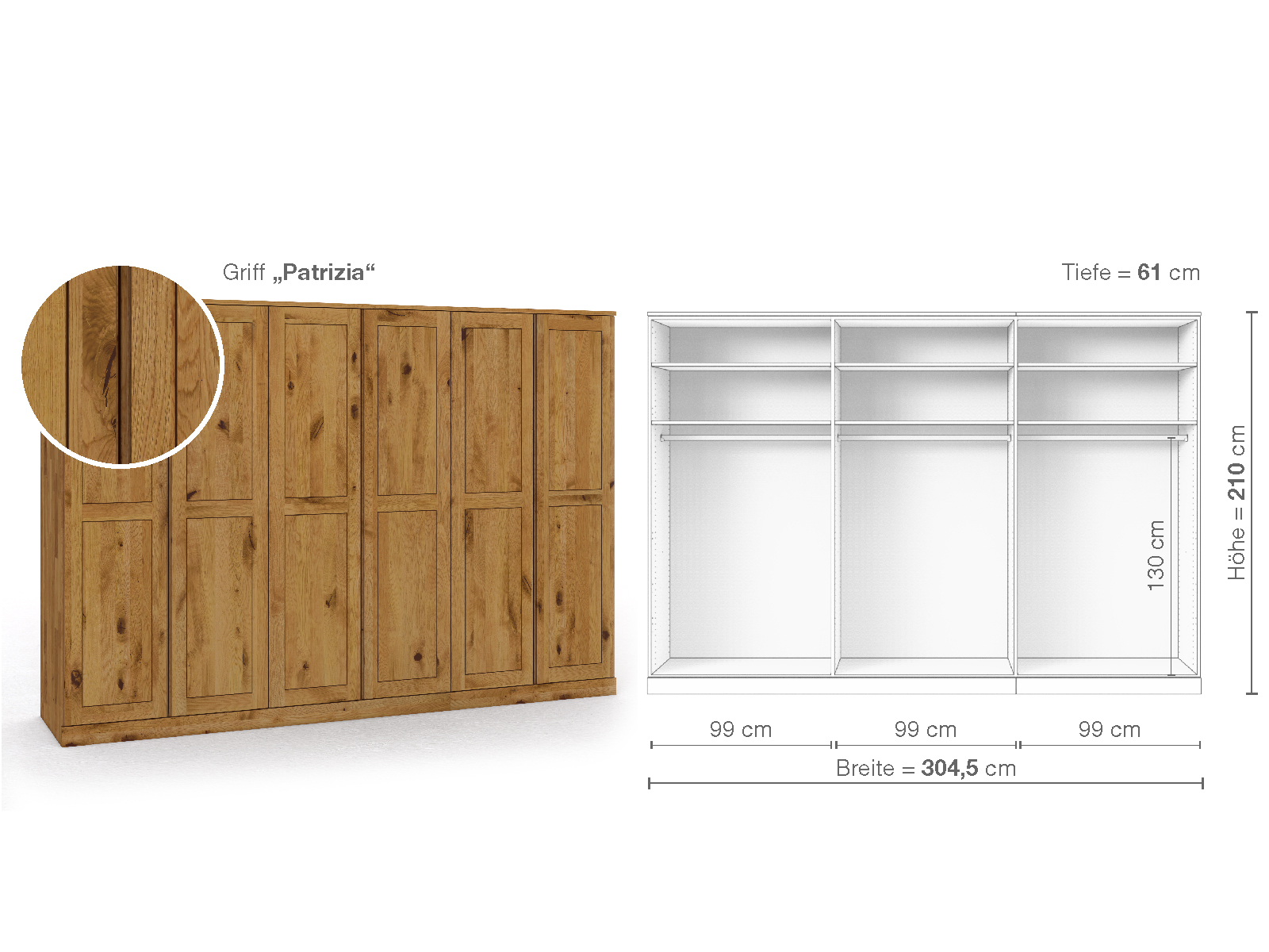 Schrank „Edelweiß“ aus Wildeiche, 6-türig, Höhe 210 cm, Griffausführung „Patrizia“, Inneneinrichtung A