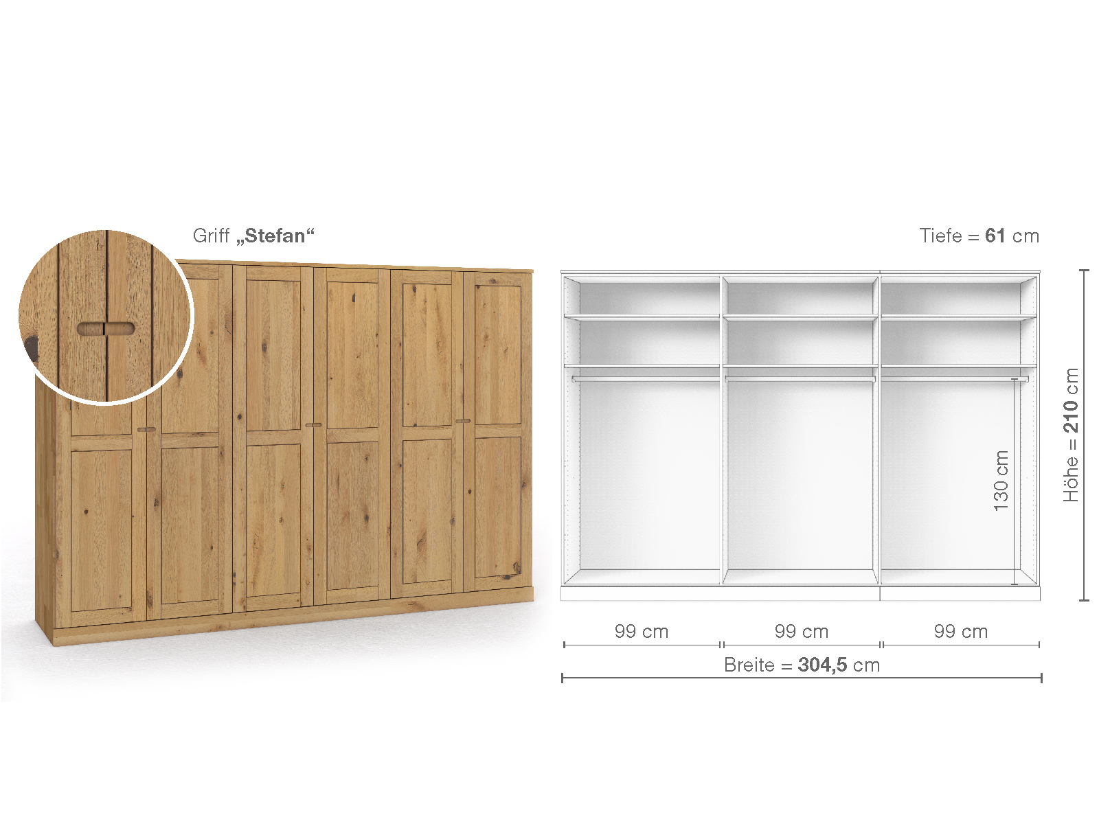 Schrank „Edelweiß“ aus Wildeiche Hell, 6-türig, Höhe 210 cm, Griffausführung „Stefan“, Inneneinrichtung A