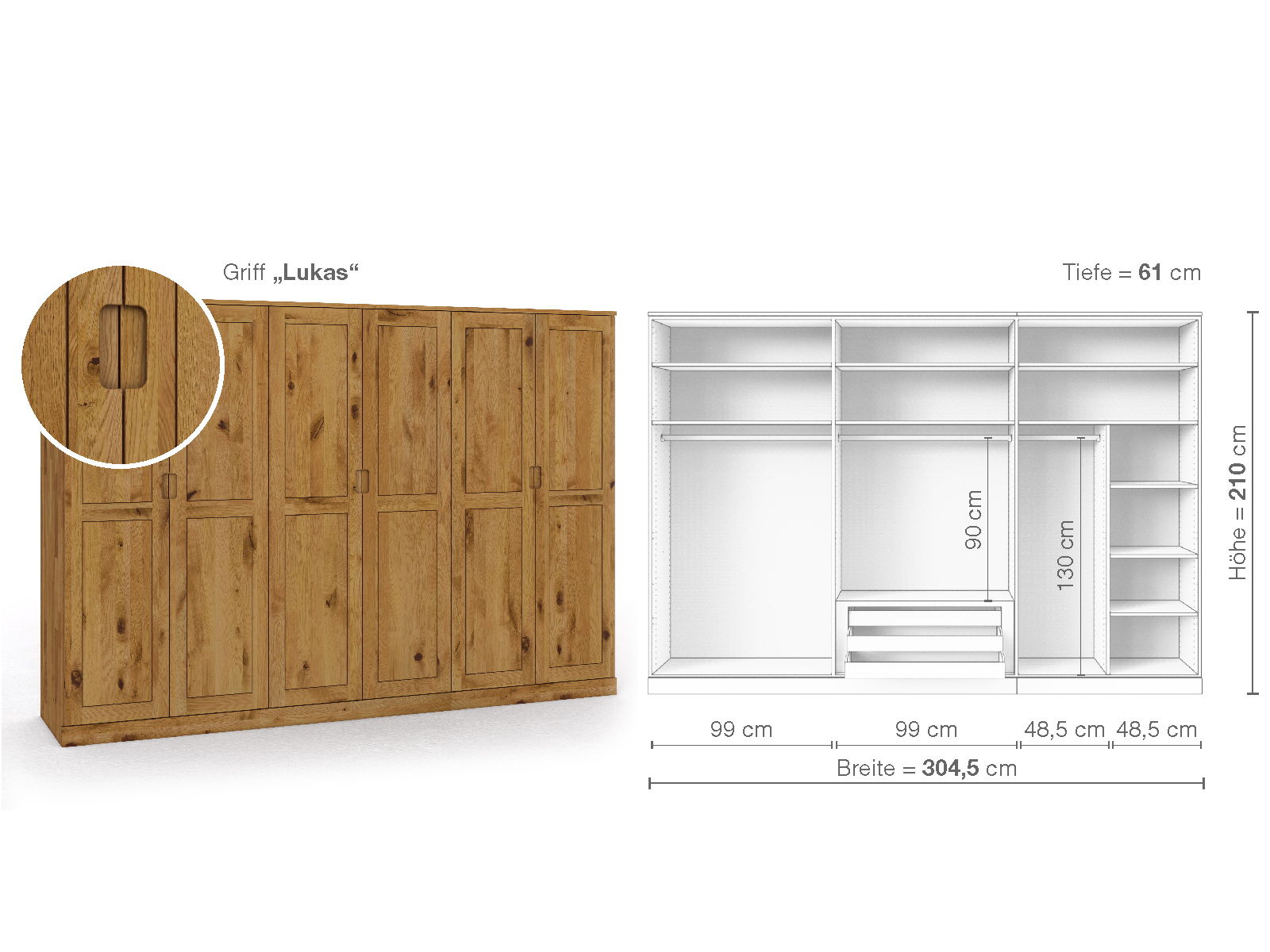 Schrank „Edelweiß“ aus Wildeiche, 6-türig, Höhe 210 cm, Griffausführung „Lukas“, Inneneinrichtung B