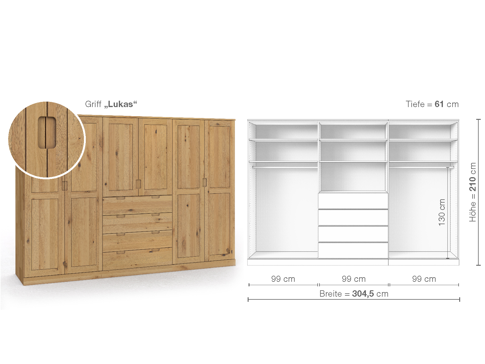 Schrank „Edelweiß“ aus Wildeiche Hell, 6-türig, Höhe 210 cm, Griffausführung „Lukas“, Inneneinrichtung D