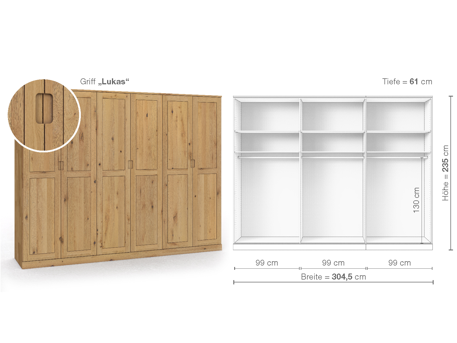 Schrank „Edelweiß“ aus Wildeiche Hell, 6-türig, Höhe 235 cm, Griffausführung „Lukas“, Inneneinrichtung A