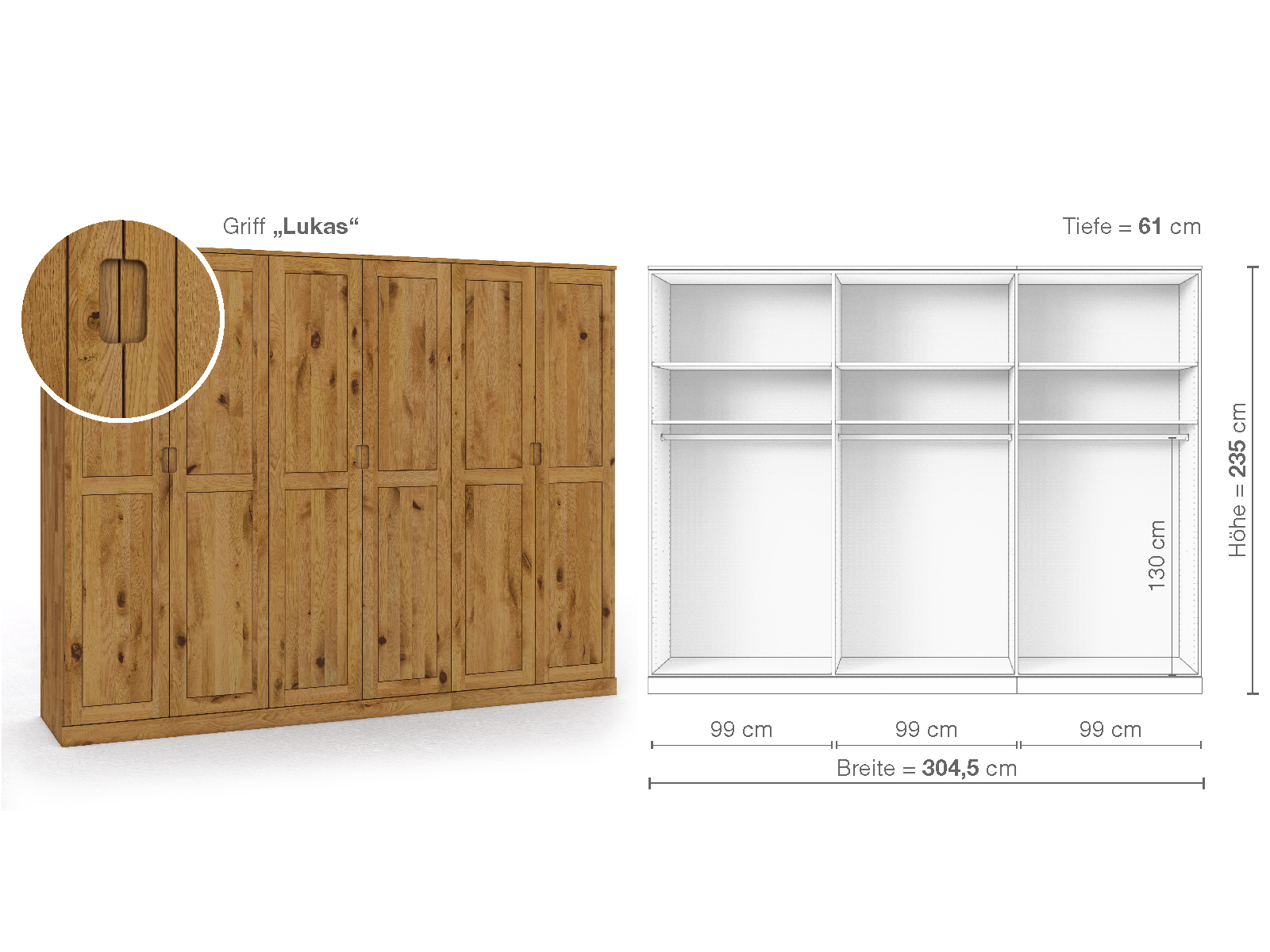 Schrank „Edelweiß“ aus Wildeiche, 6-türig, Höhe 235 cm, Griffausführung „Lukas“, Inneneinrichtung A