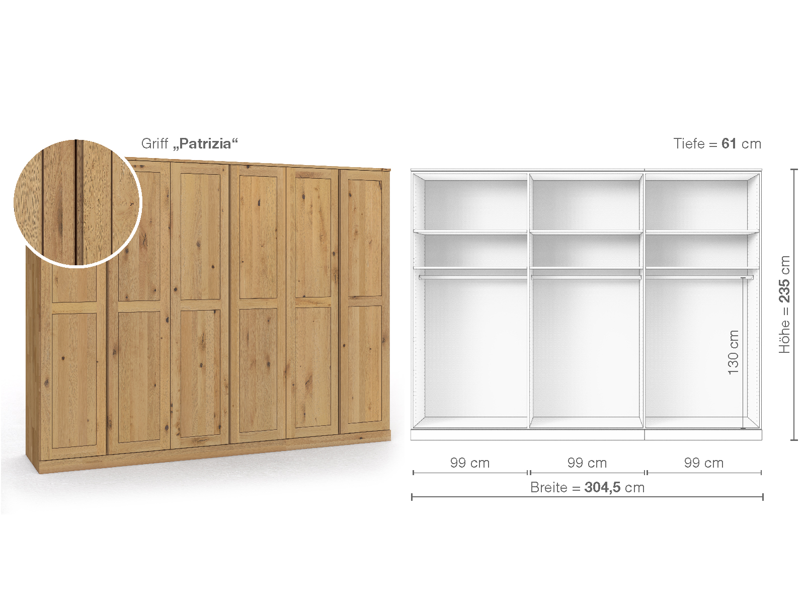 Schrank „Edelweiß“ aus Wildeiche Hell, 6-türig, Höhe 235 cm, Griffausführung „Patrizia“, Inneneinrichtung A