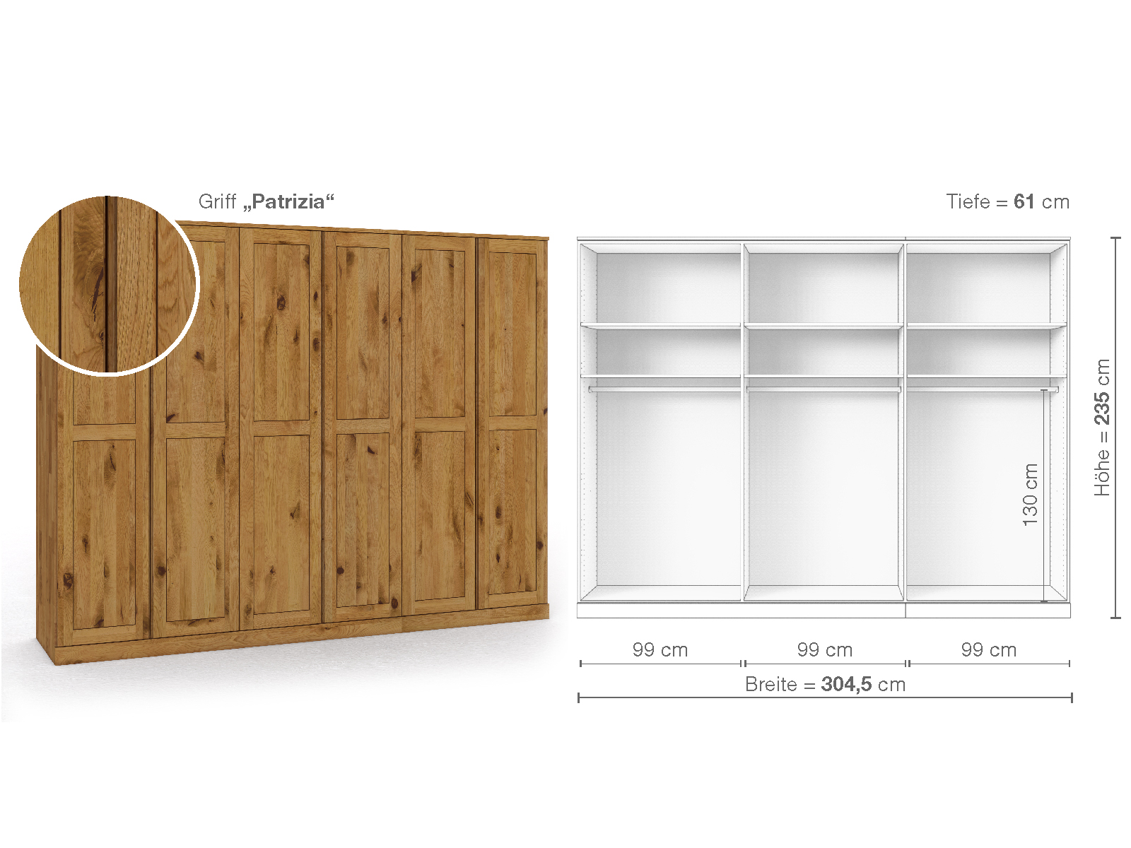 Schrank „Edelweiß“ aus Wildeiche, 6-türig, Höhe 235 cm, Griffausführung „Patrizia“, Inneneinrichtung A