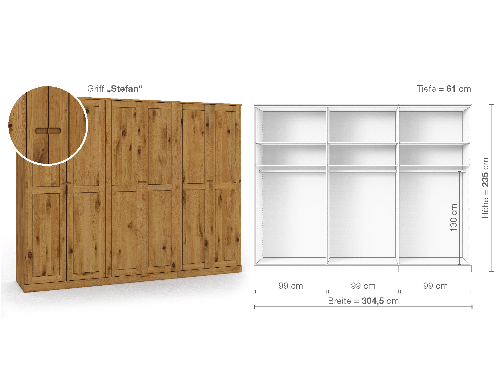 Schrank „Edelweiß“ aus Wildeiche, 6-türig, Höhe 235 cm, Griffausführung „Stefan“, Inneneinrichtung A