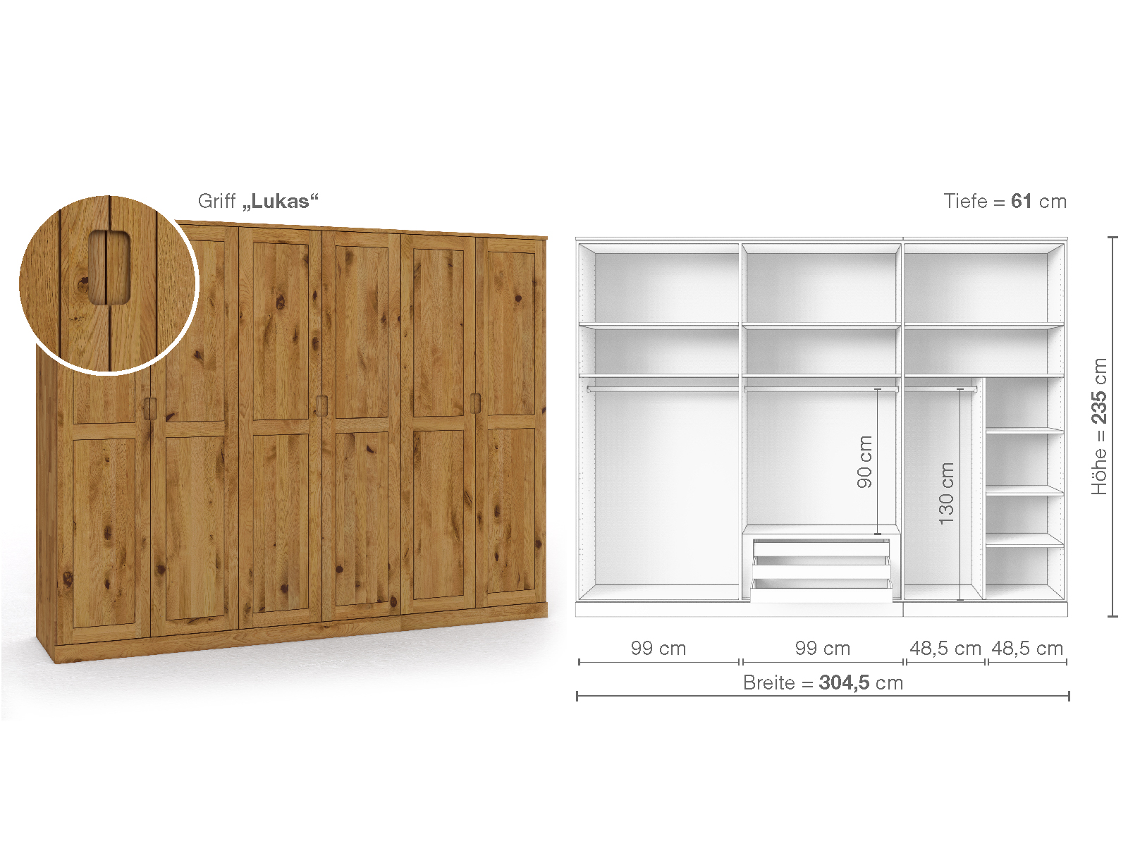 Schrank „Edelweiß“ aus Wildeiche, 6-türig, Höhe 235 cm, Griffausführung „Lukas“, Inneneinrichtung B