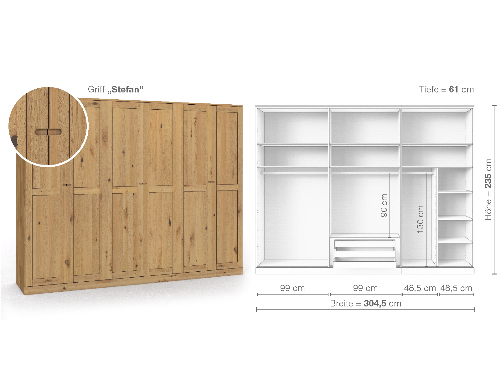Schrank „Edelweiß“ aus Wildeiche Hell, 6-türig, Höhe 235 cm, Griffausführung „Stefan“, Inneneinrichtung B