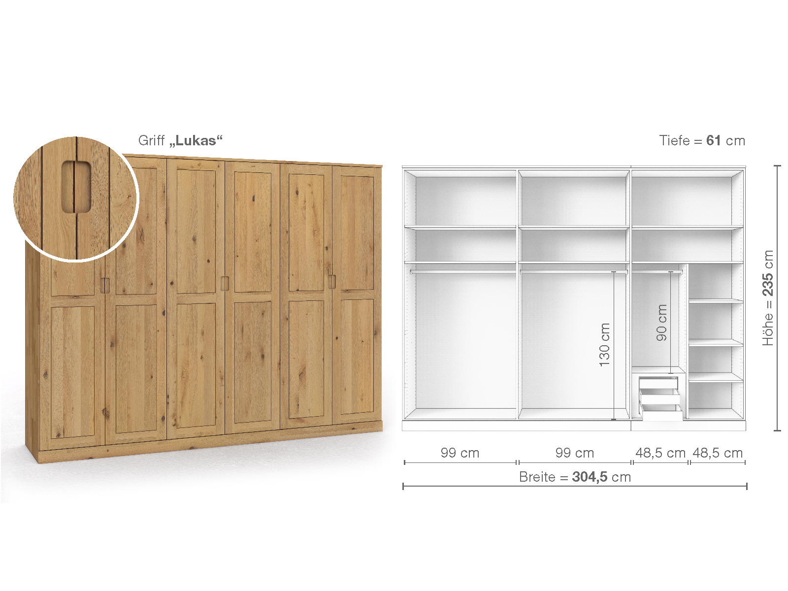 Schrank „Edelweiß“ aus Wildeiche Hell, 6-türig, Höhe 235 cm, Griffausführung „Lukas“, Inneneinrichtung C