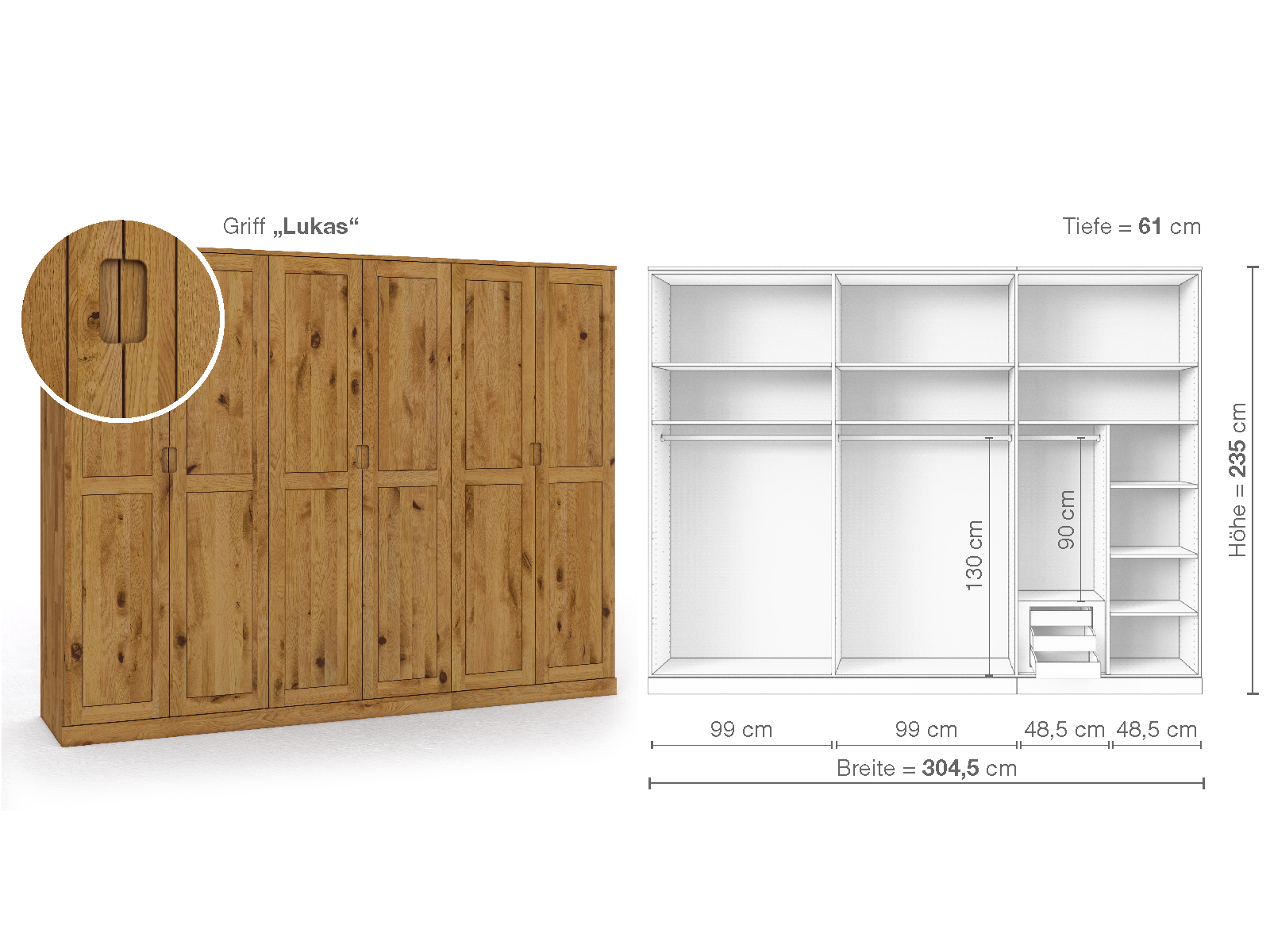 Schrank „Edelweiß“ aus Wildeiche, 6-türig, Höhe 235 cm, Griffausführung „Lukas“, Inneneinrichtung C