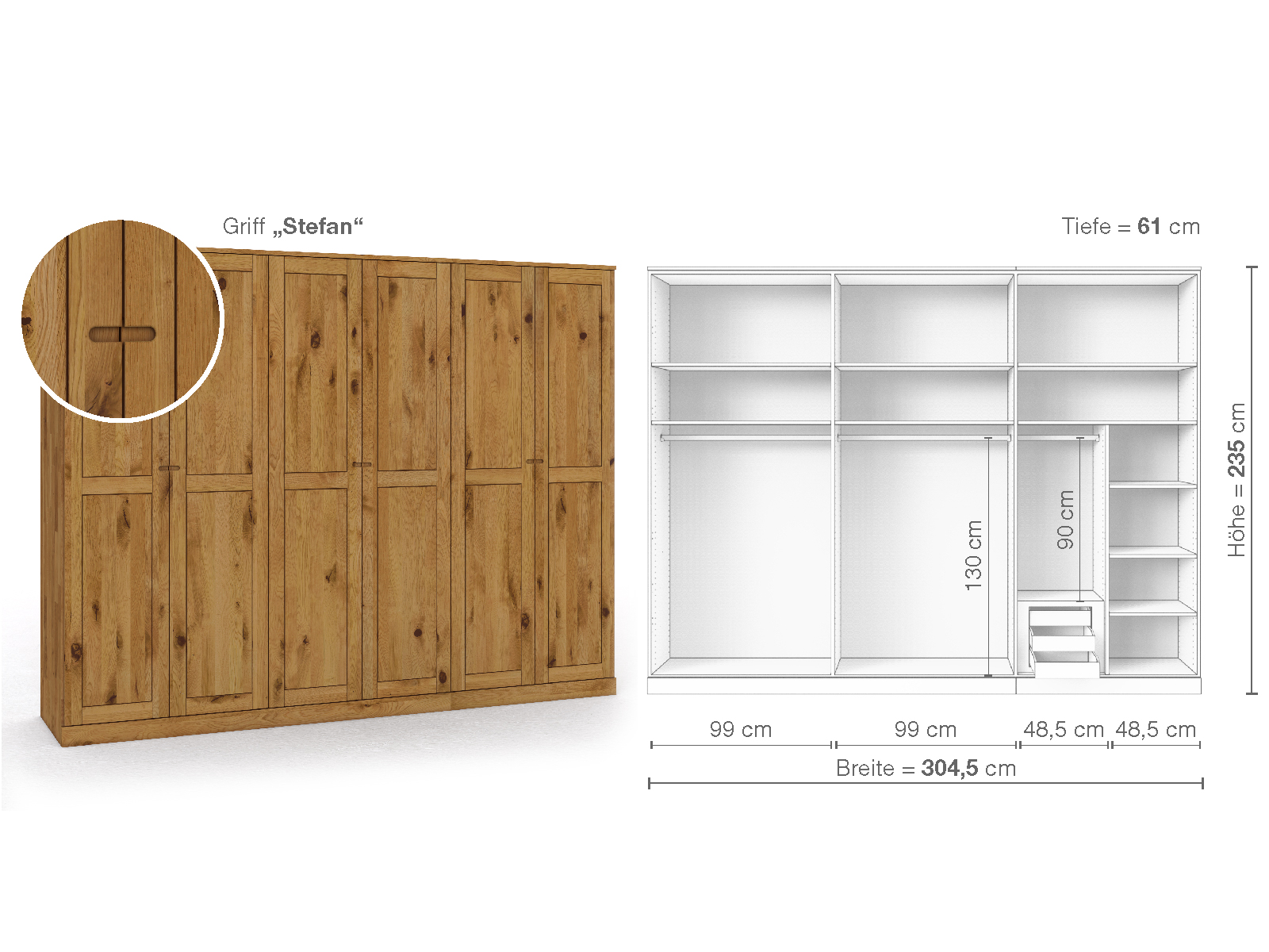 Schrank „Edelweiß“ aus Wildeiche, 6-türig, Höhe 235 cm, Griffausführung „Stefan“, Inneneinrichtung C