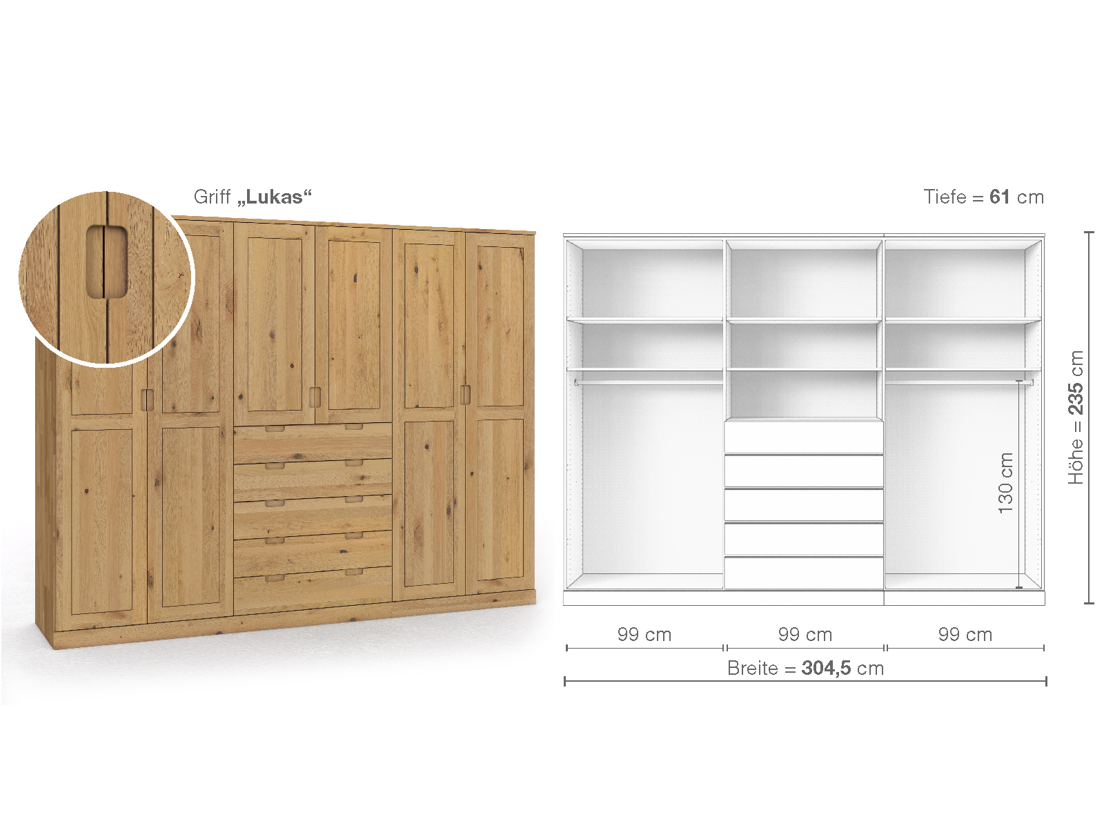 Schrank „Edelweiß“ aus Wildeiche Hell, 6-türig, Höhe 235 cm, Griffausführung „Lukas“, Inneneinrichtung D