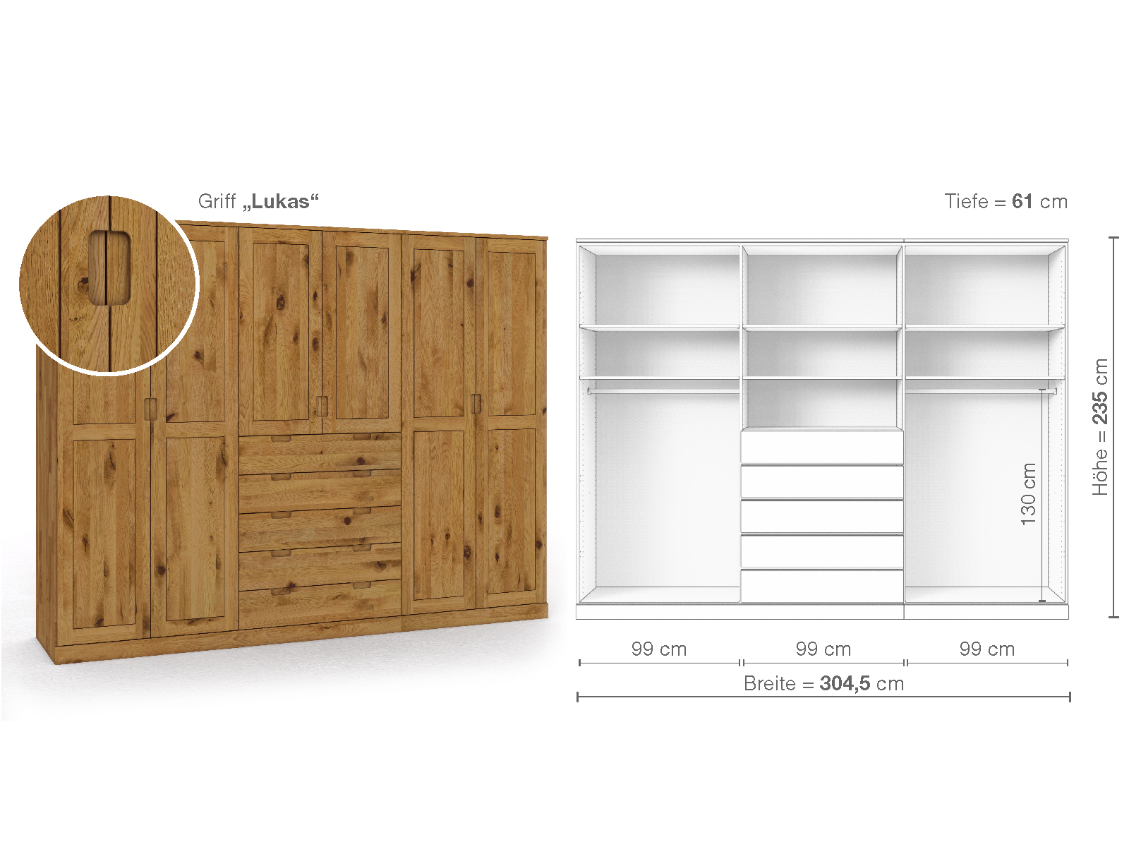 Schrank „Edelweiß“ aus Wildeiche, 6-türig, Höhe 235 cm, Griffausführung „Lukas“, Inneneinrichtung D