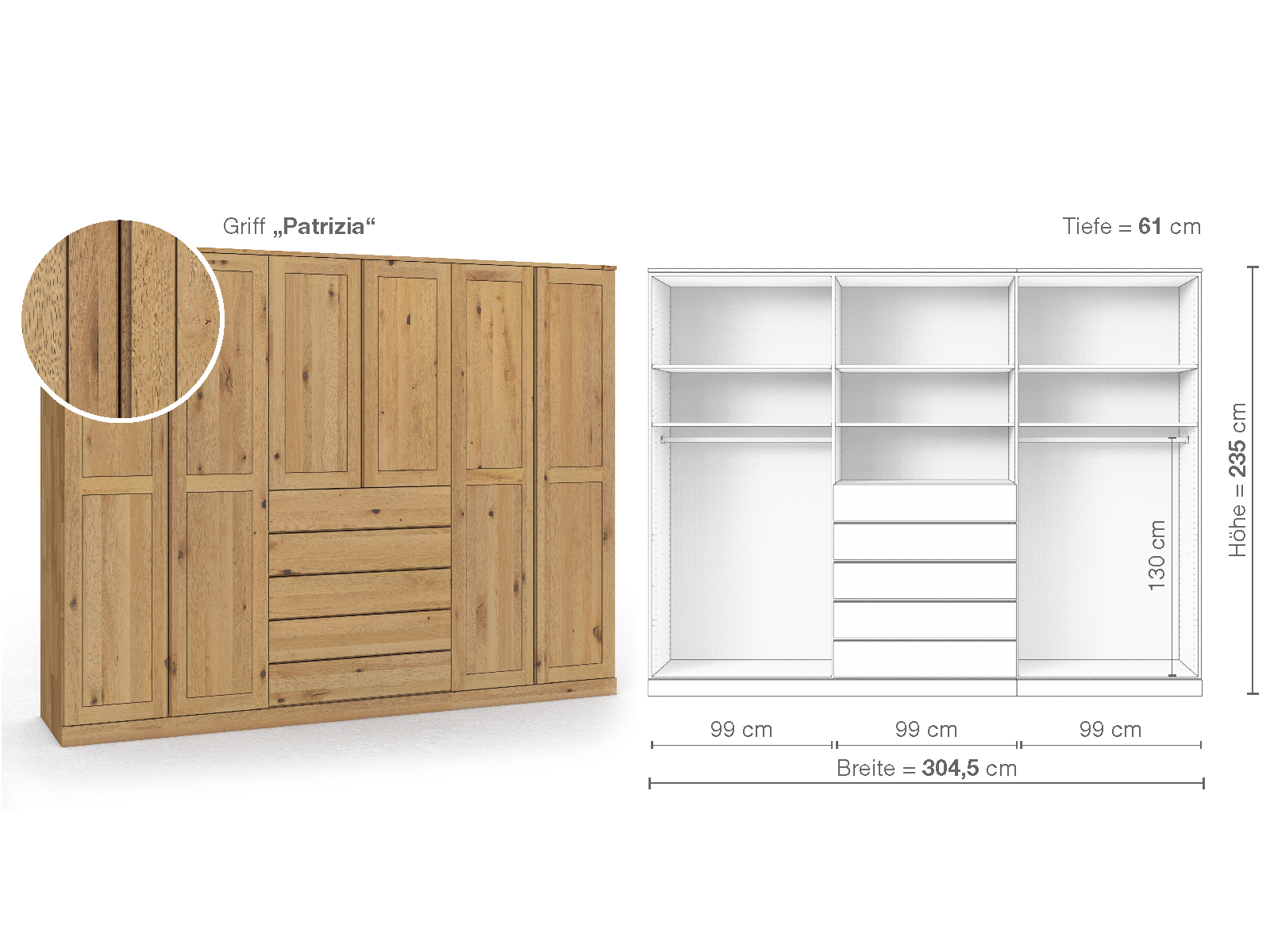 Schrank „Edelweiß“ aus Wildeiche Hell, 6-türig, Höhe 235 cm, Griffausführung „Patrizia“, Inneneinrichtung D