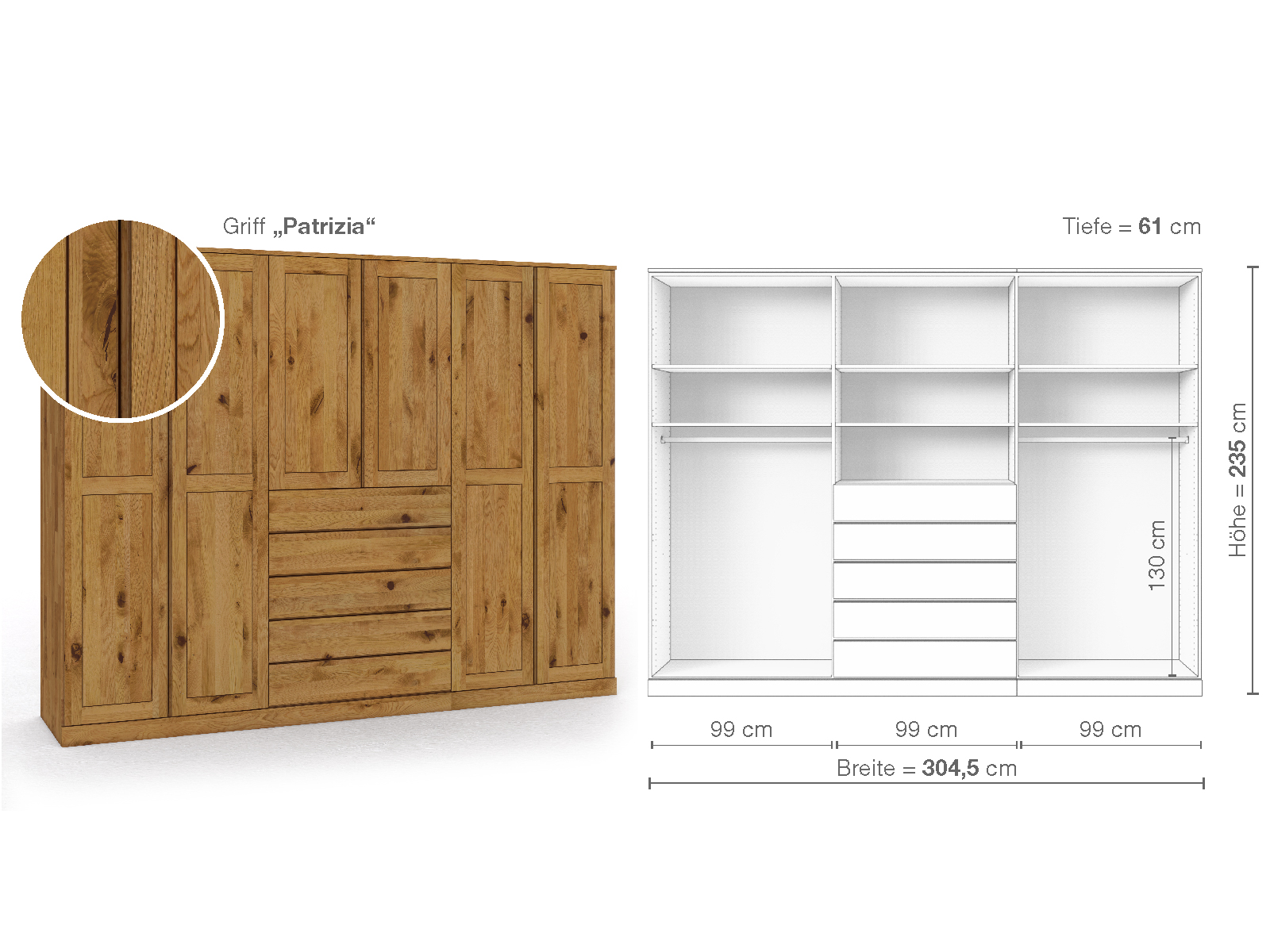 Schrank „Edelweiß“ aus Wildeiche, 6-türig, Höhe 235 cm, Griffausführung „Patrizia“, Inneneinrichtung D